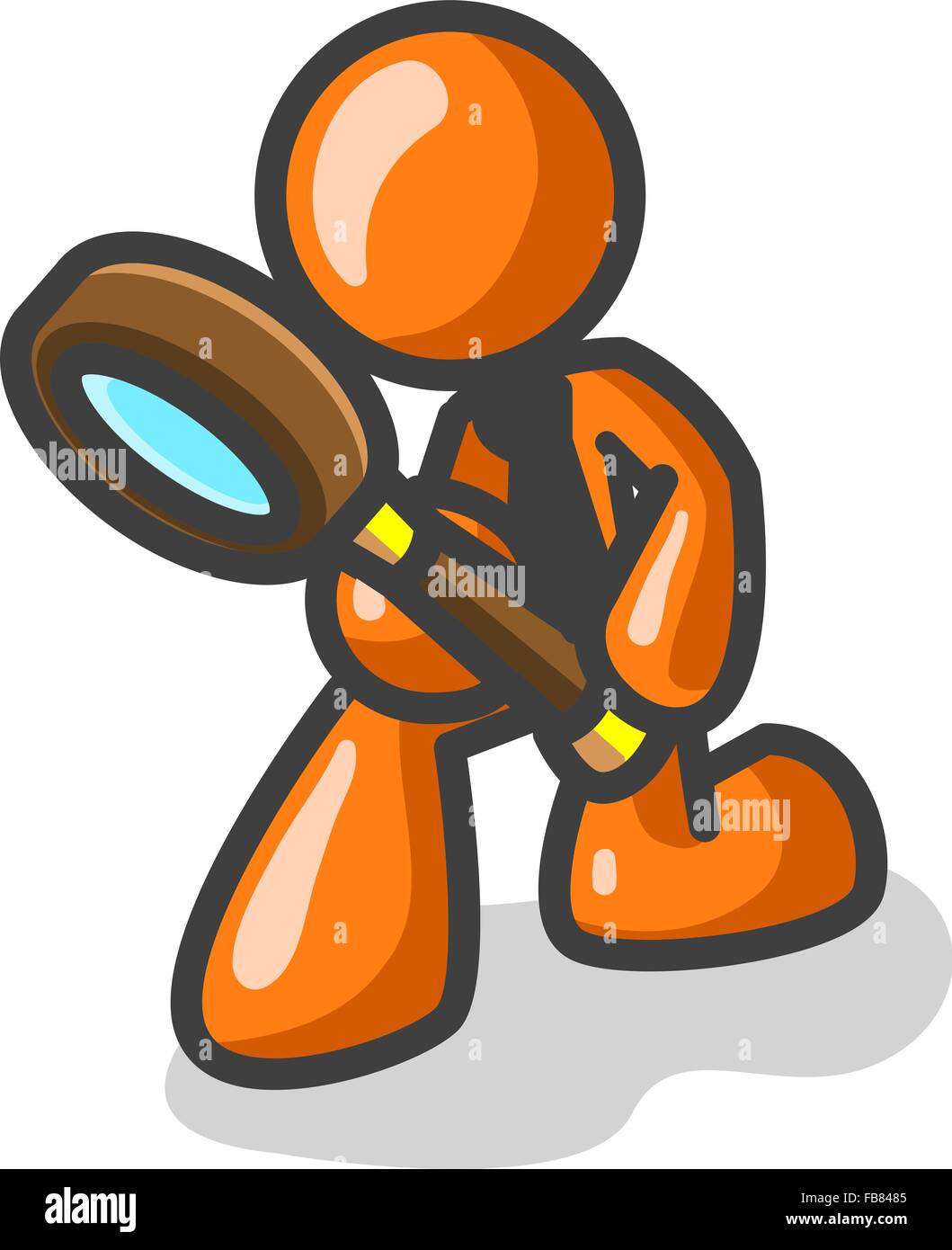 Un homme orange à la détective sur son travail à travers une loupe. Illustration de Vecteur