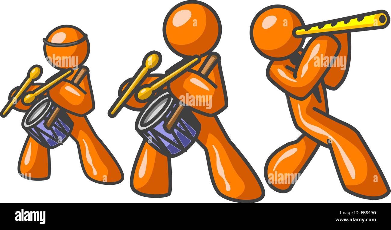 Trois hommes orange comprenant un groupe de musique avec des flûtes et des tambours. Illustration de Vecteur