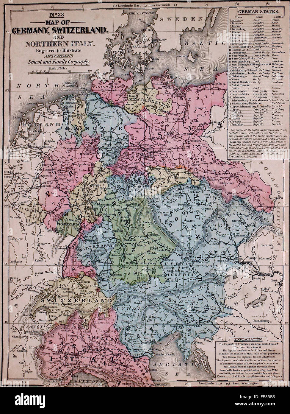 Carte de l'Allemagne, la Suisse et l'Italie du Nord, vers 1861 Banque D'Images