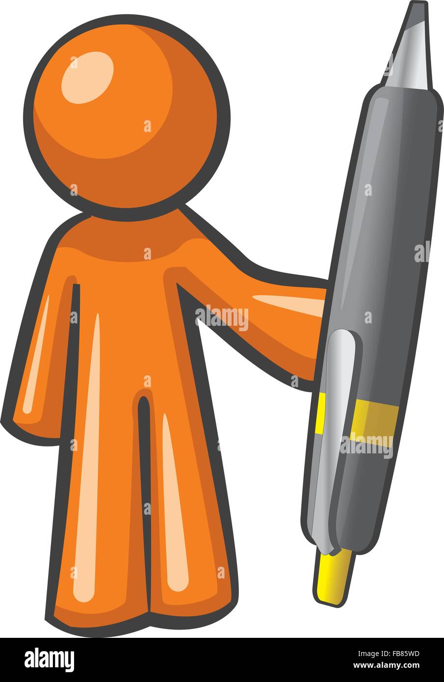 Man holding Orange un géant, immense plume. Le stylo est plus puissant, comme peuvent être vus distinctement ici. Illustration de Vecteur
