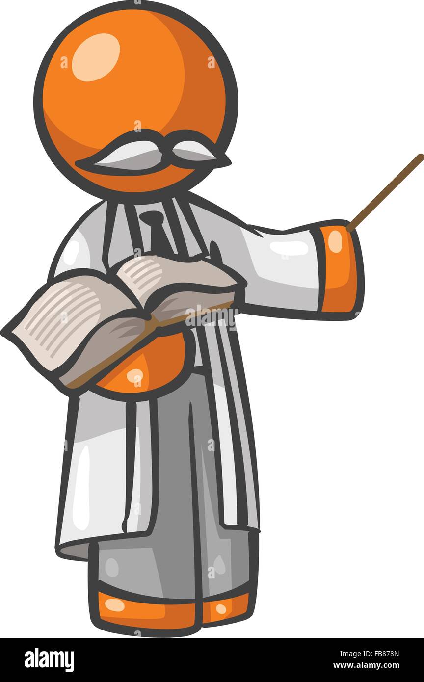 Personne Orange scientist holding un gros livre et de l'enseignement sur la question. Illustration de Vecteur