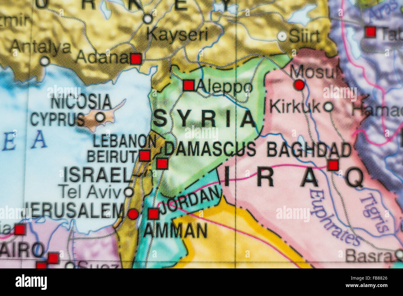 Belle photo d'une carte de la Syrie et de la capitale Damas. Banque D'Images