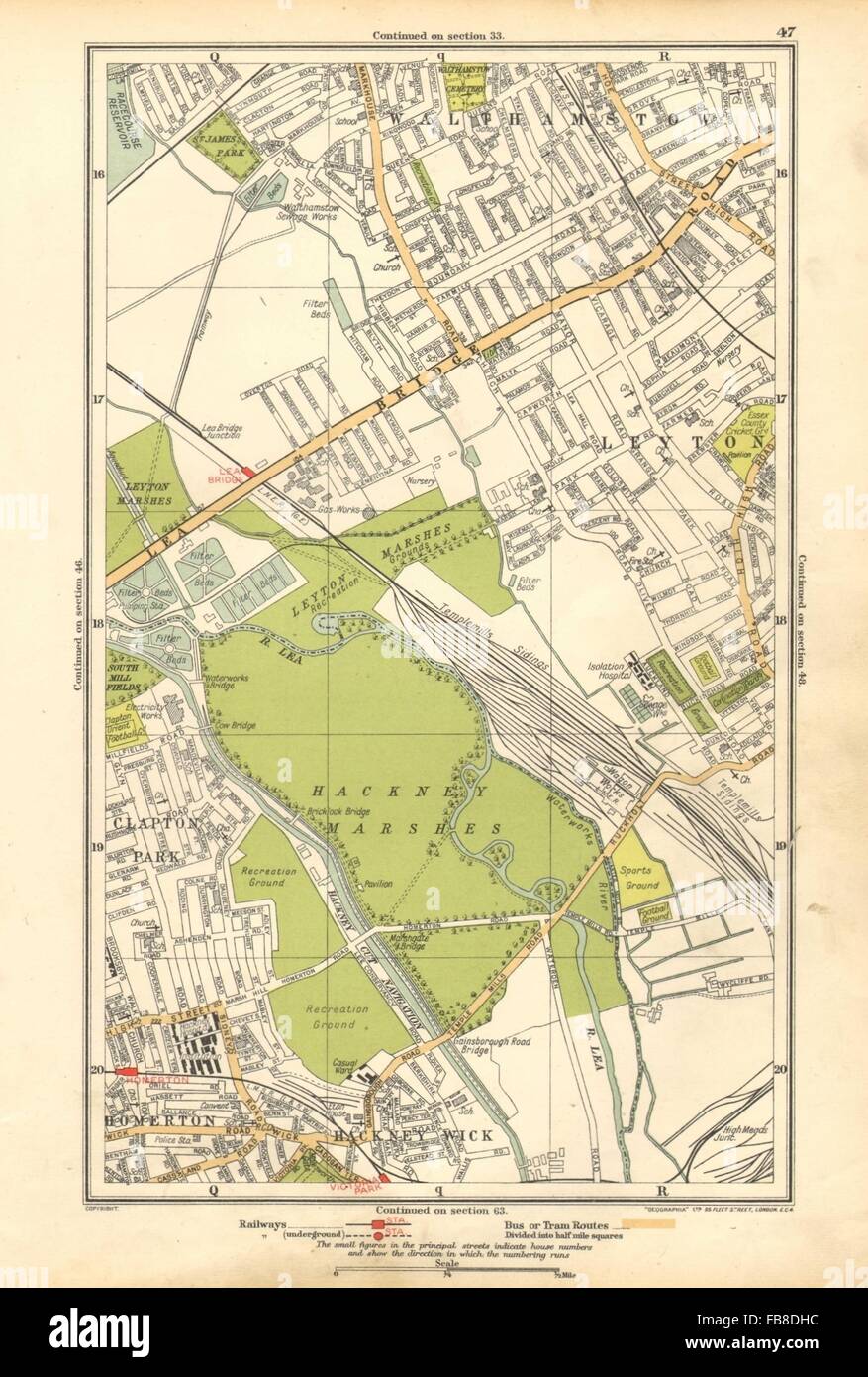LEYTON : Hackney Marsh/Wick, Homerton, Walthamstow, Clapton Park, 1928 Ancien site Banque D'Images