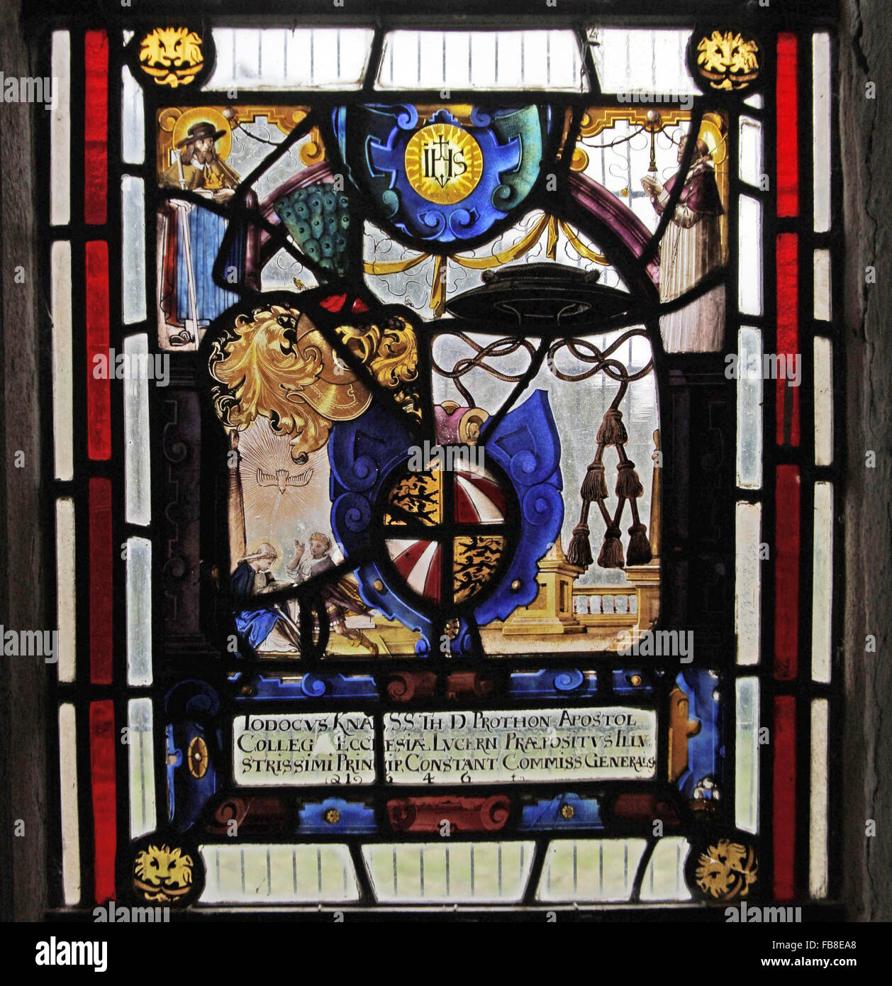17e siècle Vitrail commémorant Lodocus Knab, St Luke's Church, Tixover, Rutland Banque D'Images