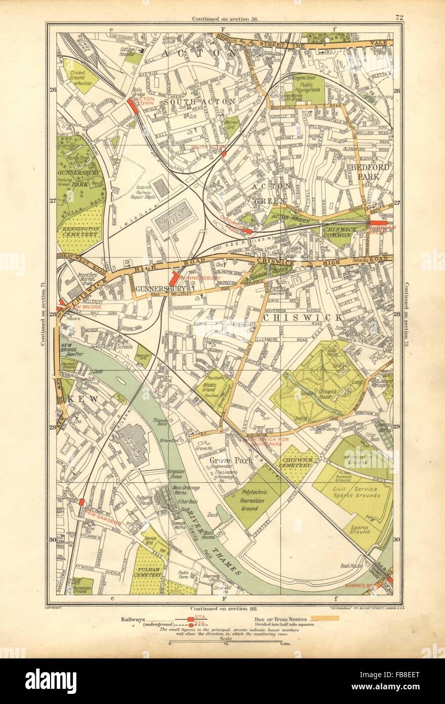 CHISWICK : Acton Green, Grove Park, Bedford Park, Kew, Gunnersbury, 1928 map Banque D'Images