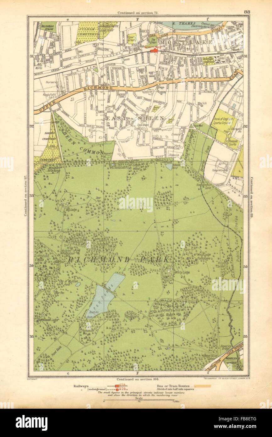 LONDON : Richmond Park, East Sheen, Rome 2, North Sheen, Roehampton, 1928 map Banque D'Images