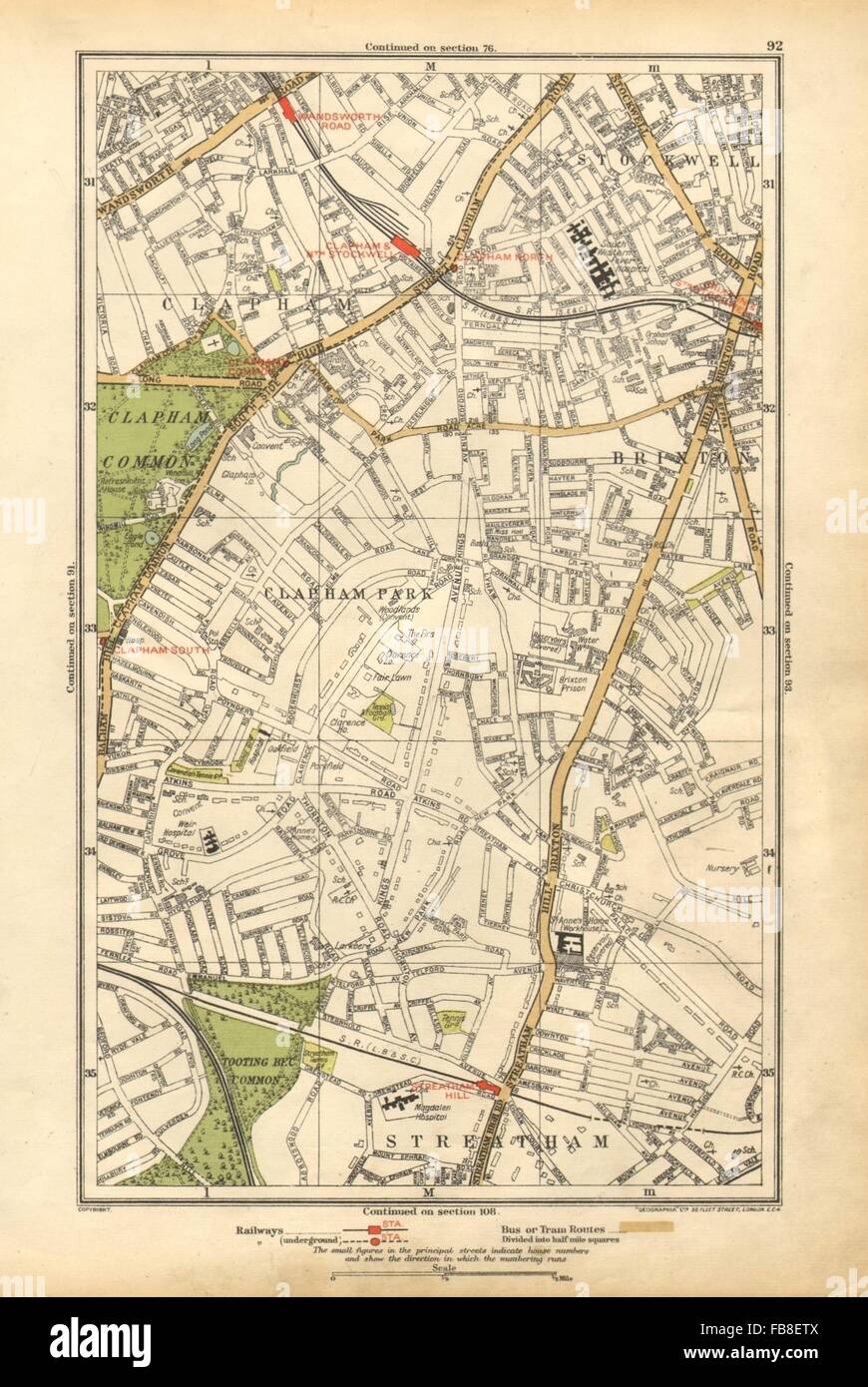 Londres : Brixton Clapham, Clapham Park, Stockwell, Wandsworth Road, carte 1928 Banque D'Images