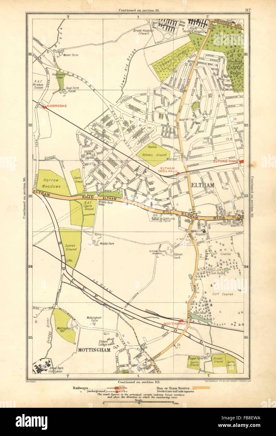Yvoir : Mottingham, Kidbrooke, Shooter's Hill, Eltham Park, parc de l'avertisseur sonore, carte 1928 Banque D'Images