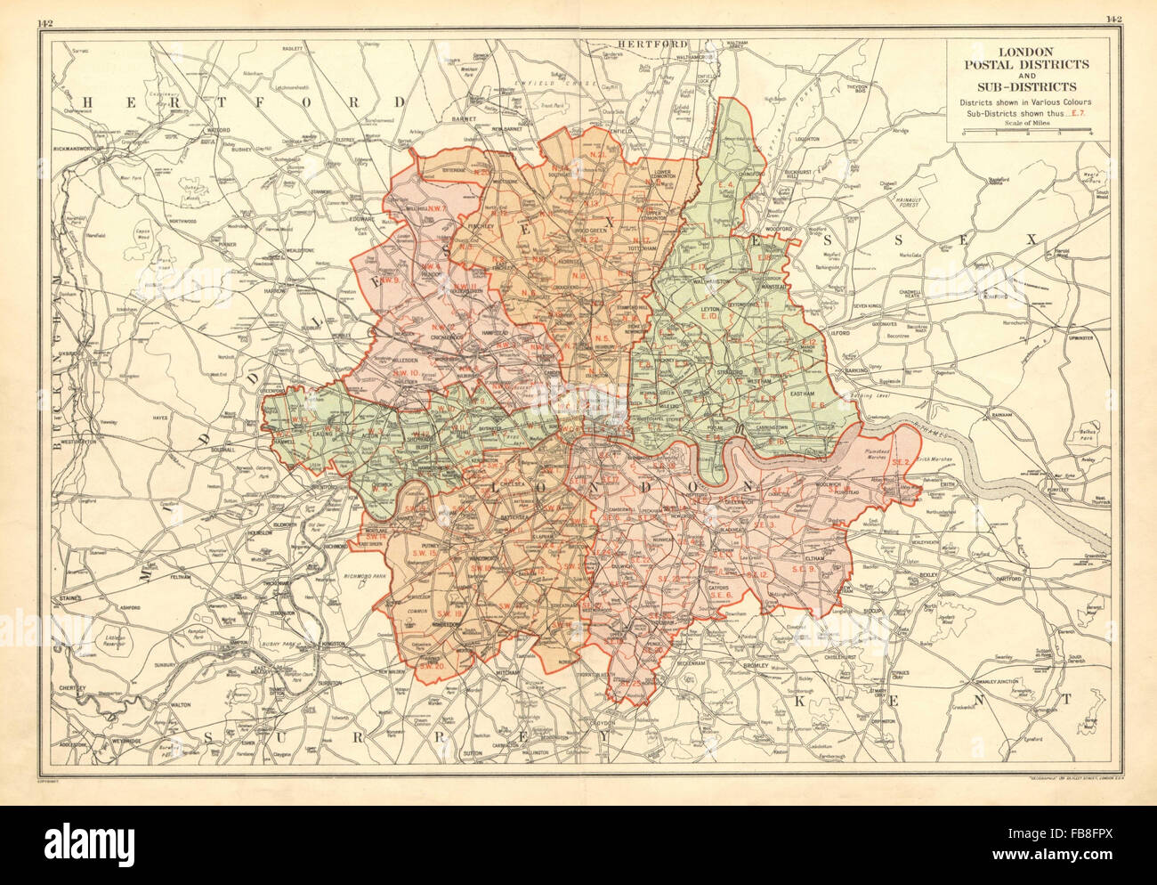 Londres : Les Districts et sous-districts postaux, 1928 carte vintage Banque D'Images