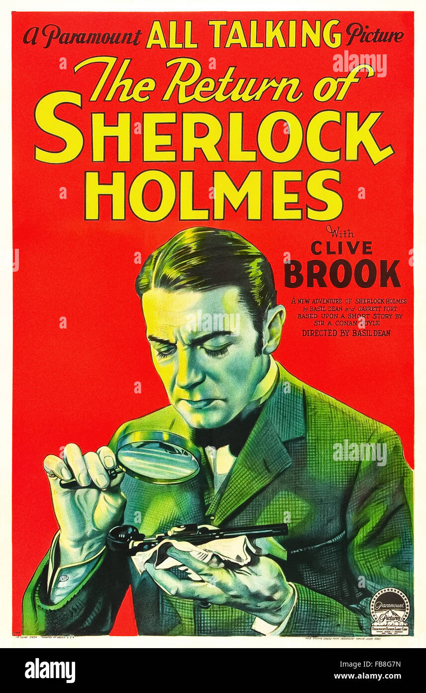 Affiche pour 'le retour de Sherlock Holmes" film de 1929 réalisé par Basil Dean et avec Clive Brook (Holmes) ; H. Reeves-Smith (Watson) et Betty Lawford (Mary Watson). Voir la description pour plus d'informations. Banque D'Images