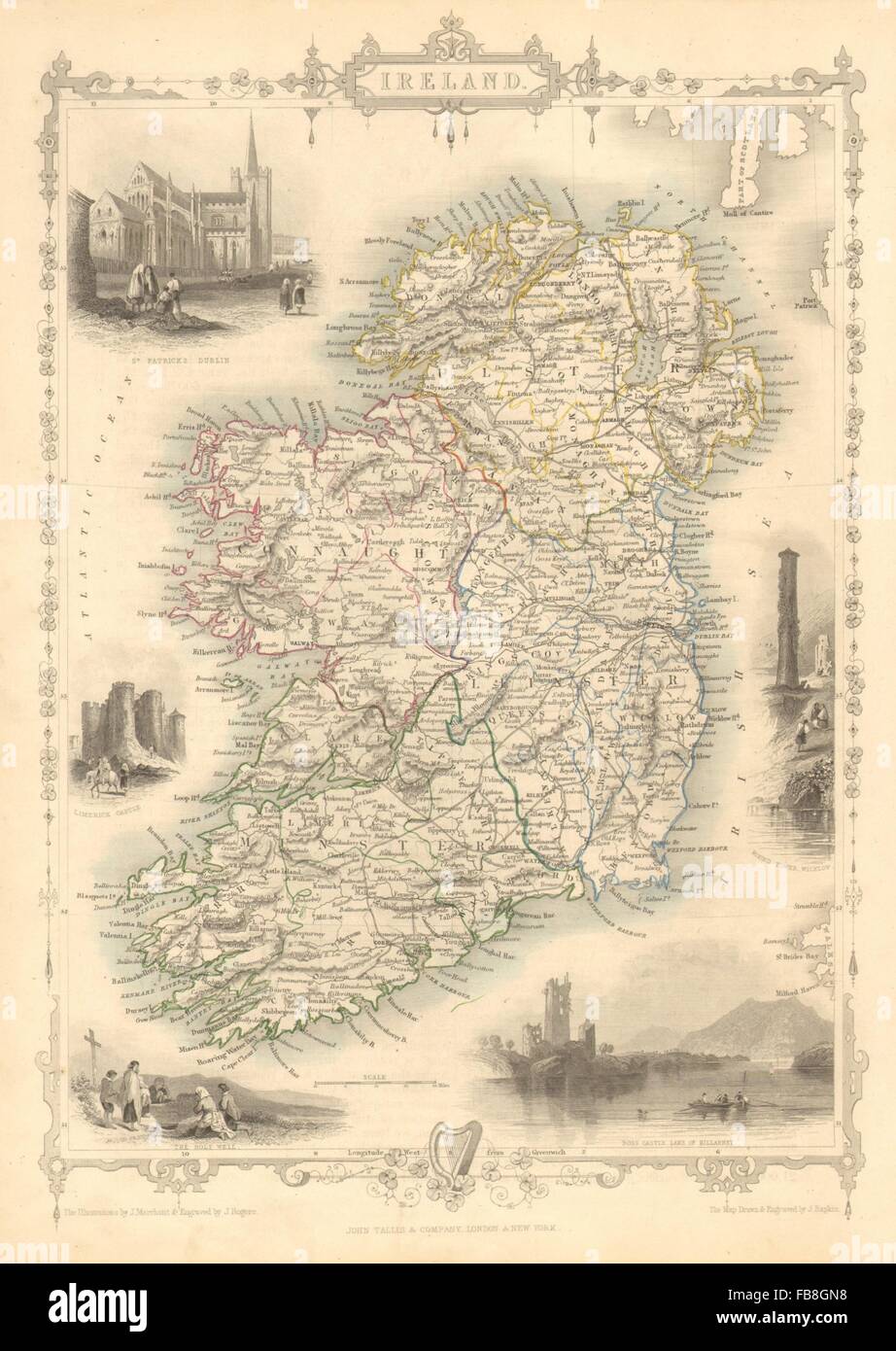 Irlande : Dublin St Patrick's Killarney round tower views.TALLIS/RAPKIN, 1851 map Banque D'Images