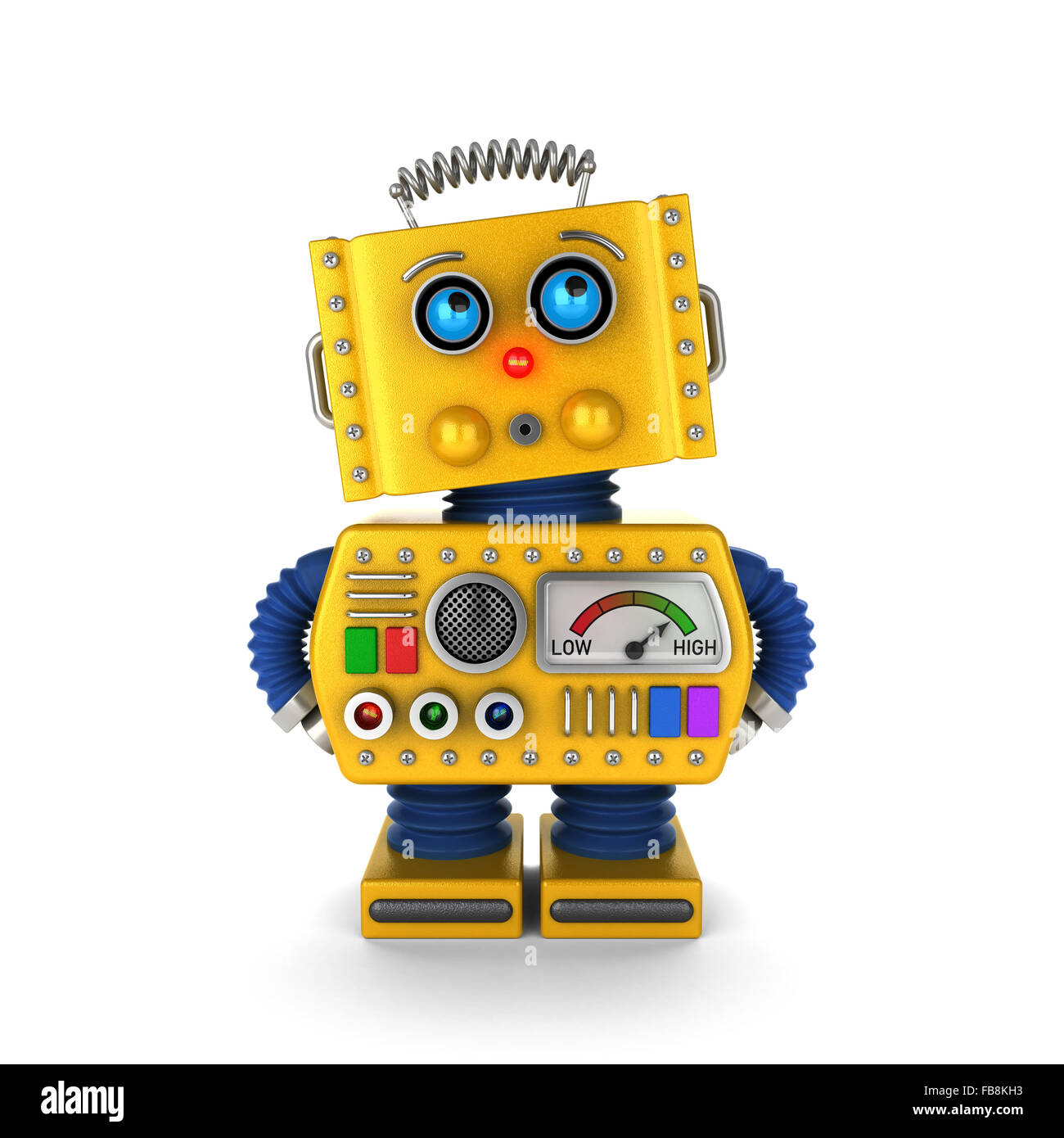 Robot jouet innocent agissant comme s'il n'était pas sa faute sur fond blanc. Banque D'Images