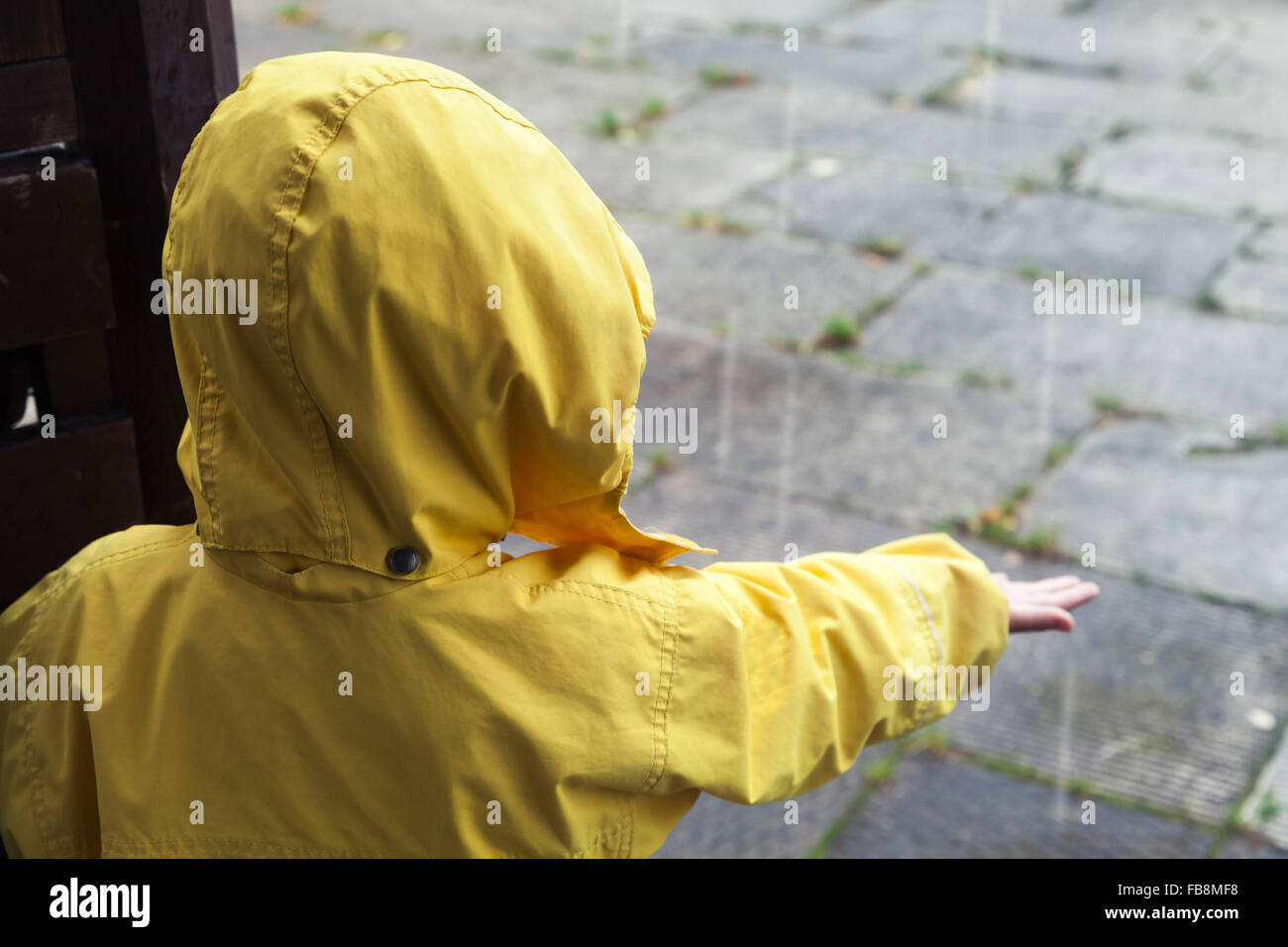 Petit enfant en imperméable jaune jouant avec les gouttes d'eau de pluie Banque D'Images