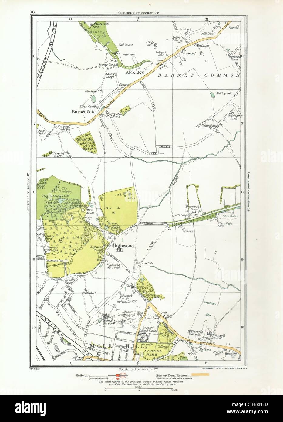 Londres. Arkley, Barnet, la porte de la colline de la rivière Highwood, Mill Hill, 1933 carte vintage Banque D'Images