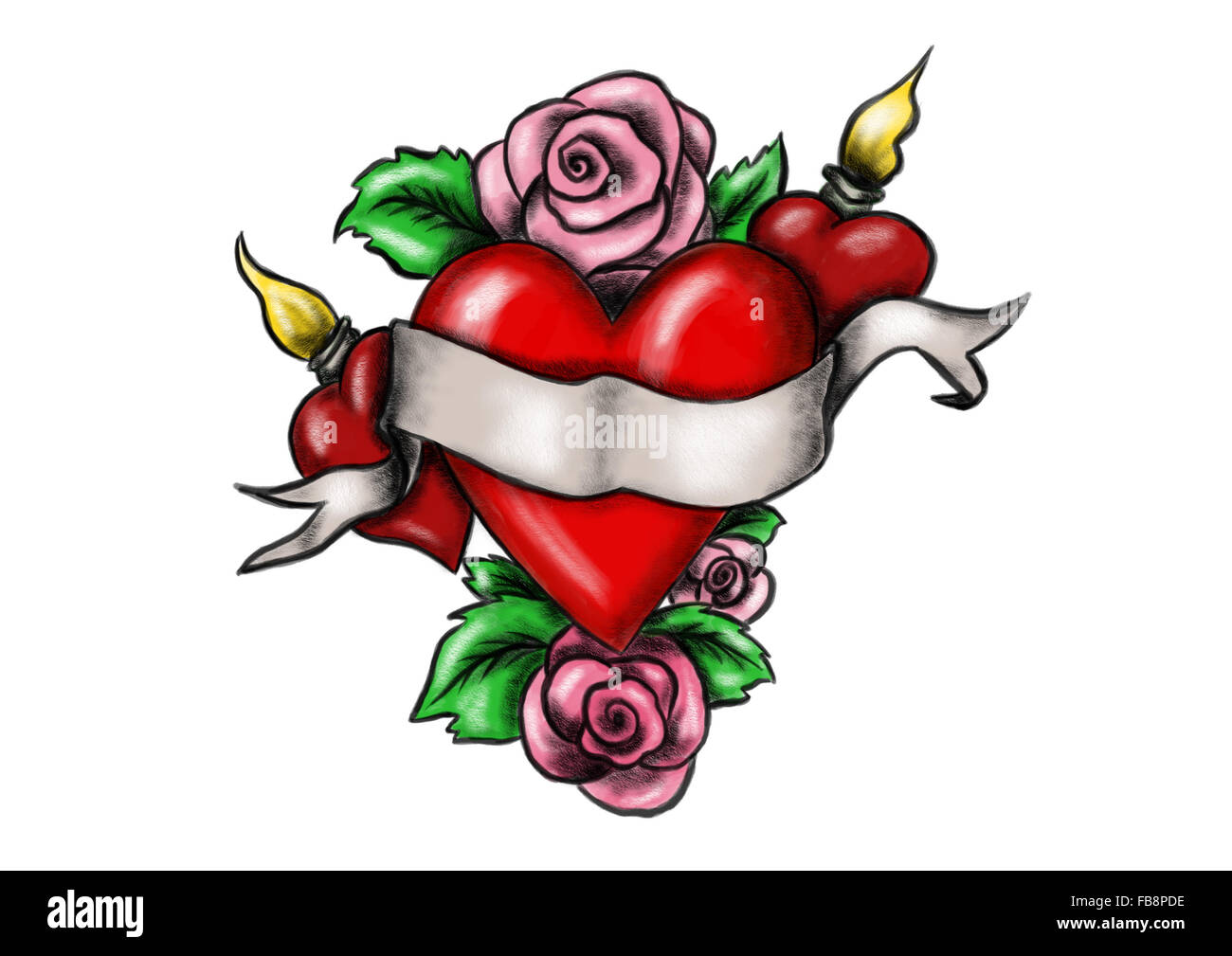 Coeur avec ruban entouré de roses Photo Stock - Alamy