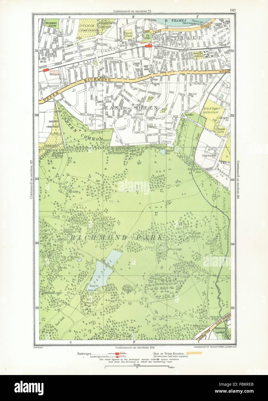 Londres. Richmond Park, East Sheen, Rome 2, North Sheen, Roehampton, 1933 map Banque D'Images
