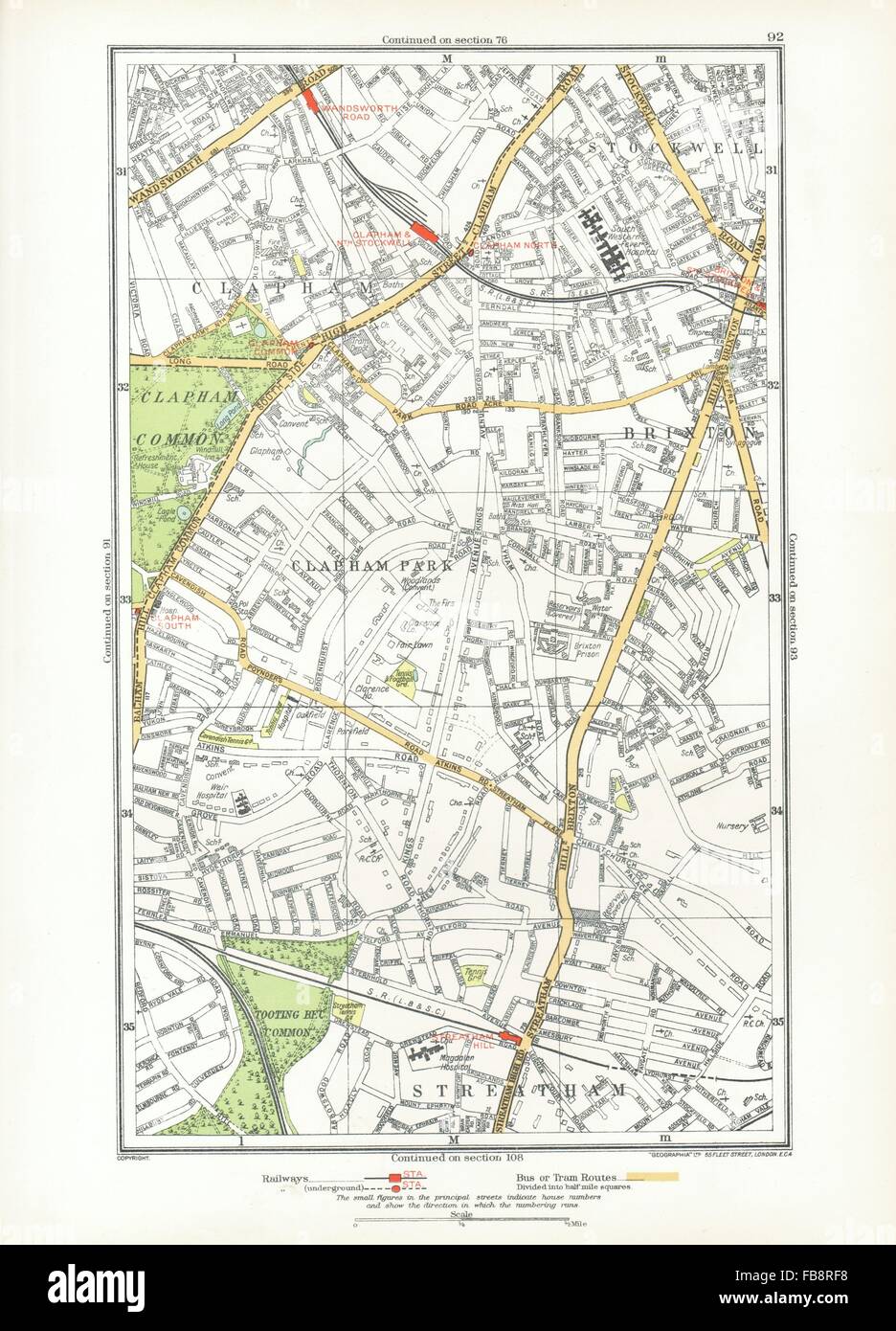 Londres. Brixton Clapham, Clapham Park, Stockwell, Wandsworth Road, carte 1933 Banque D'Images