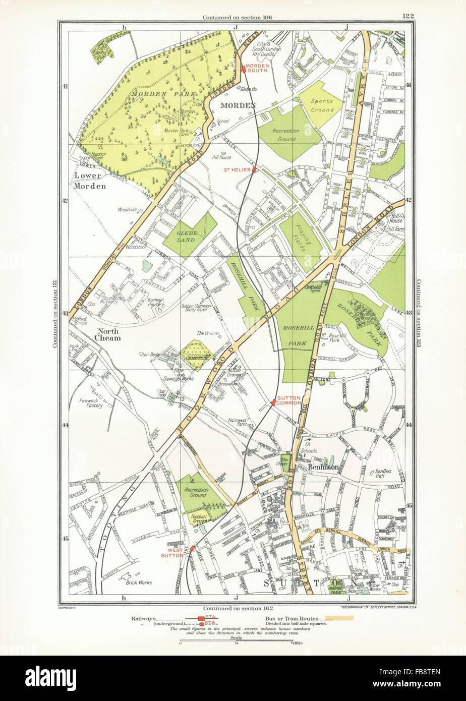 SUTTON. Benhilton, North/Descente Morden Park, Cheam, St Helier, Surrey, 1933 map Banque D'Images