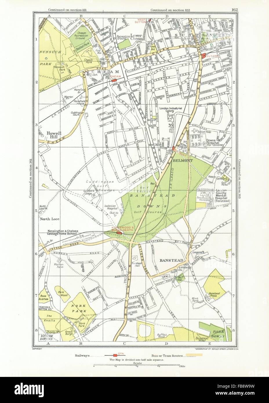 SUTTON AND BANSTEAD CHEAM. Belmont, Nork, East Ewell, Carshalton Beeches, 1933 map Banque D'Images