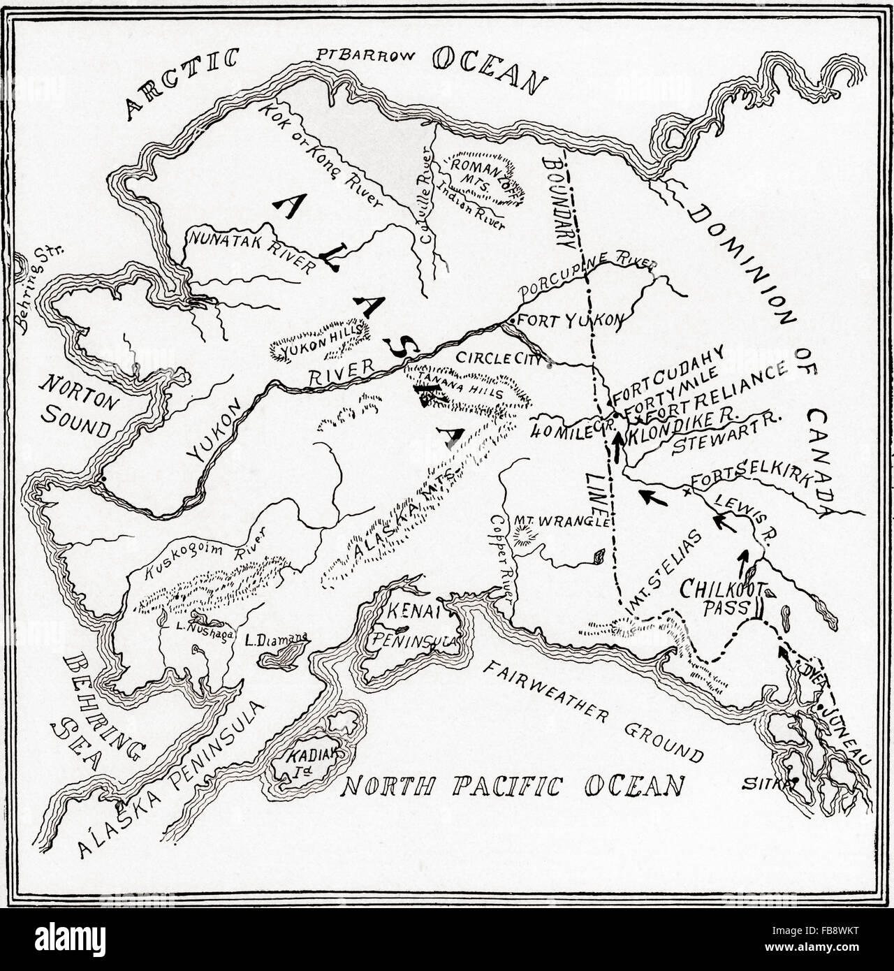 Site de la ruée vers l'or des mottes et environs, Alaska, Amérique du Nord, 1898 - 1899. Banque D'Images