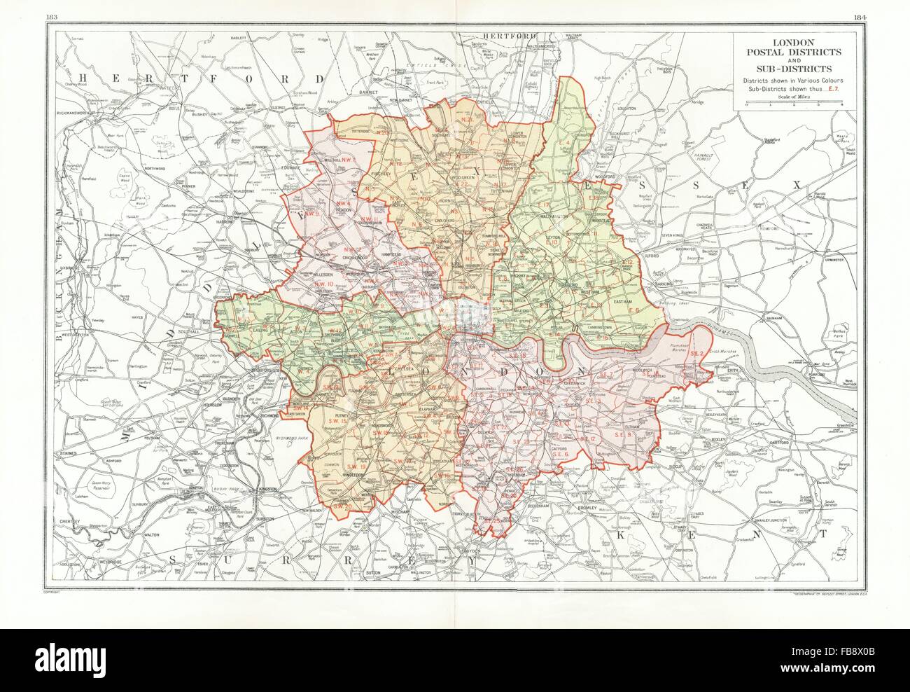 Londres. Les Districts et sous-districts postaux. Codes postaux, carte vintage 1933 Banque D'Images