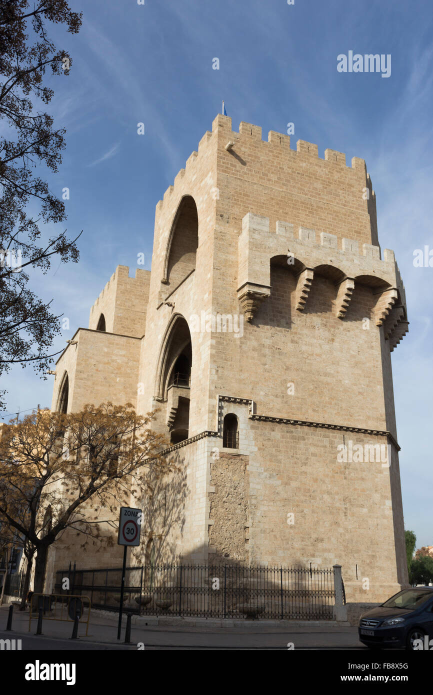 La façade arrière de la porte des tours Serranos ou Serranows, Valence, Espagne. Banque D'Images