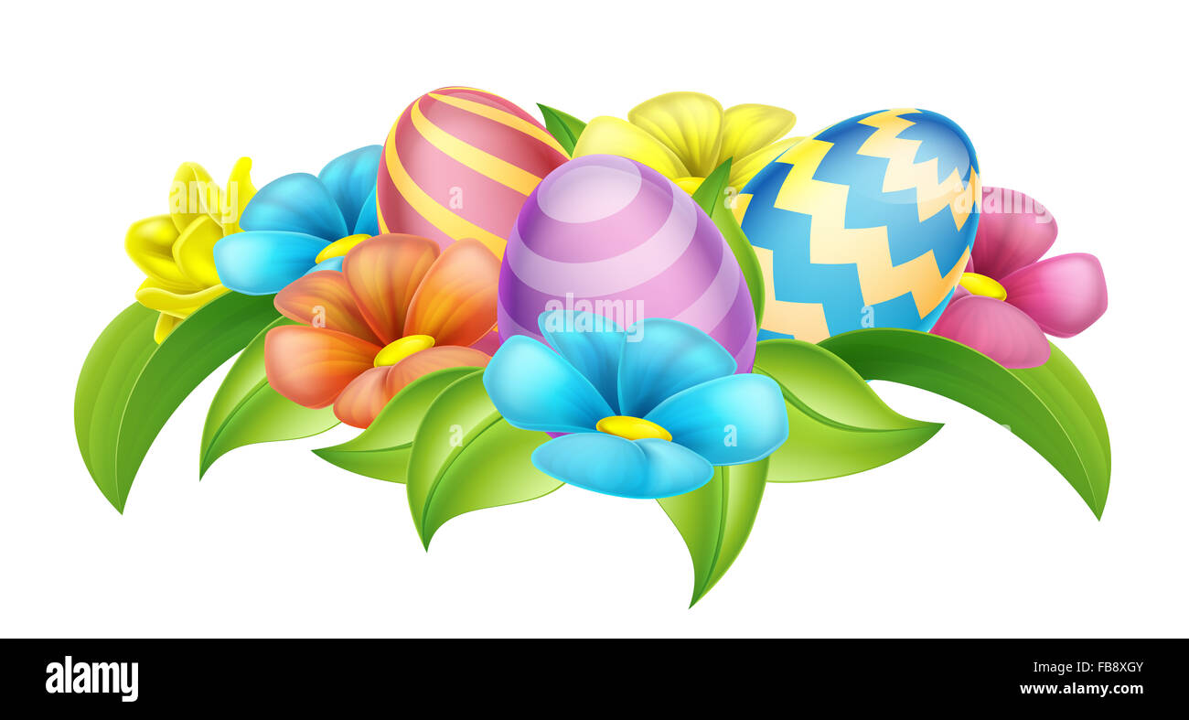 Œufs de Pâques et de fleurs de printemps de l'élément de conception de dessin animé Banque D'Images Œufs de Pâques et de fleurs de printemps de l'élément de conception de dessin animé Banque D'Images