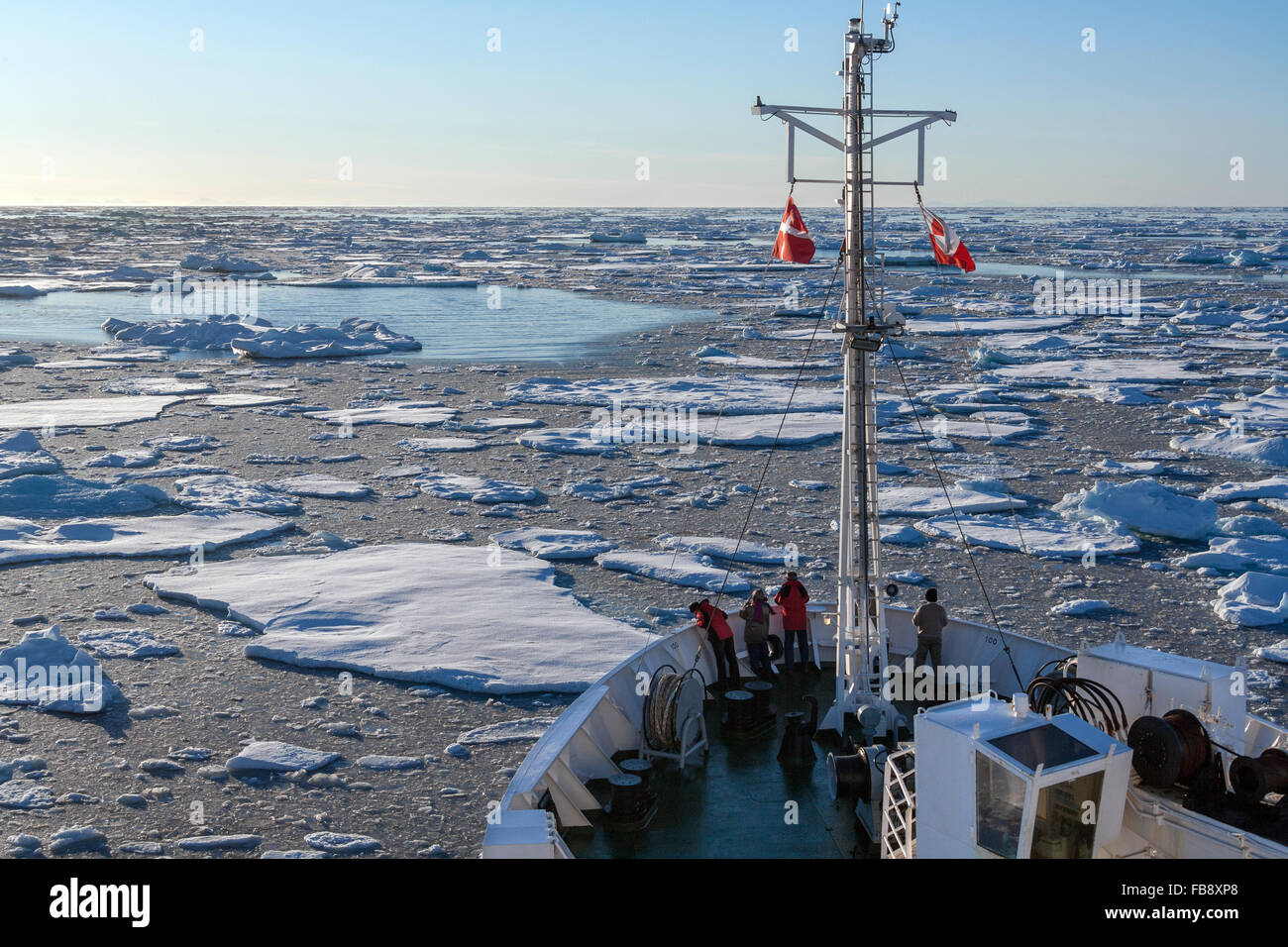 Un brise-glace touristique et la glace de mer au large de la côte est du Groenland. Banque D'Images