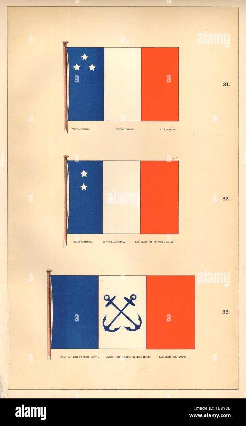 FRANCE DRAPEAUX MARITIMES.Vice & arrière/Contre-Admiral/Amiral ; Pavillon des ports 1873 Banque D'Images