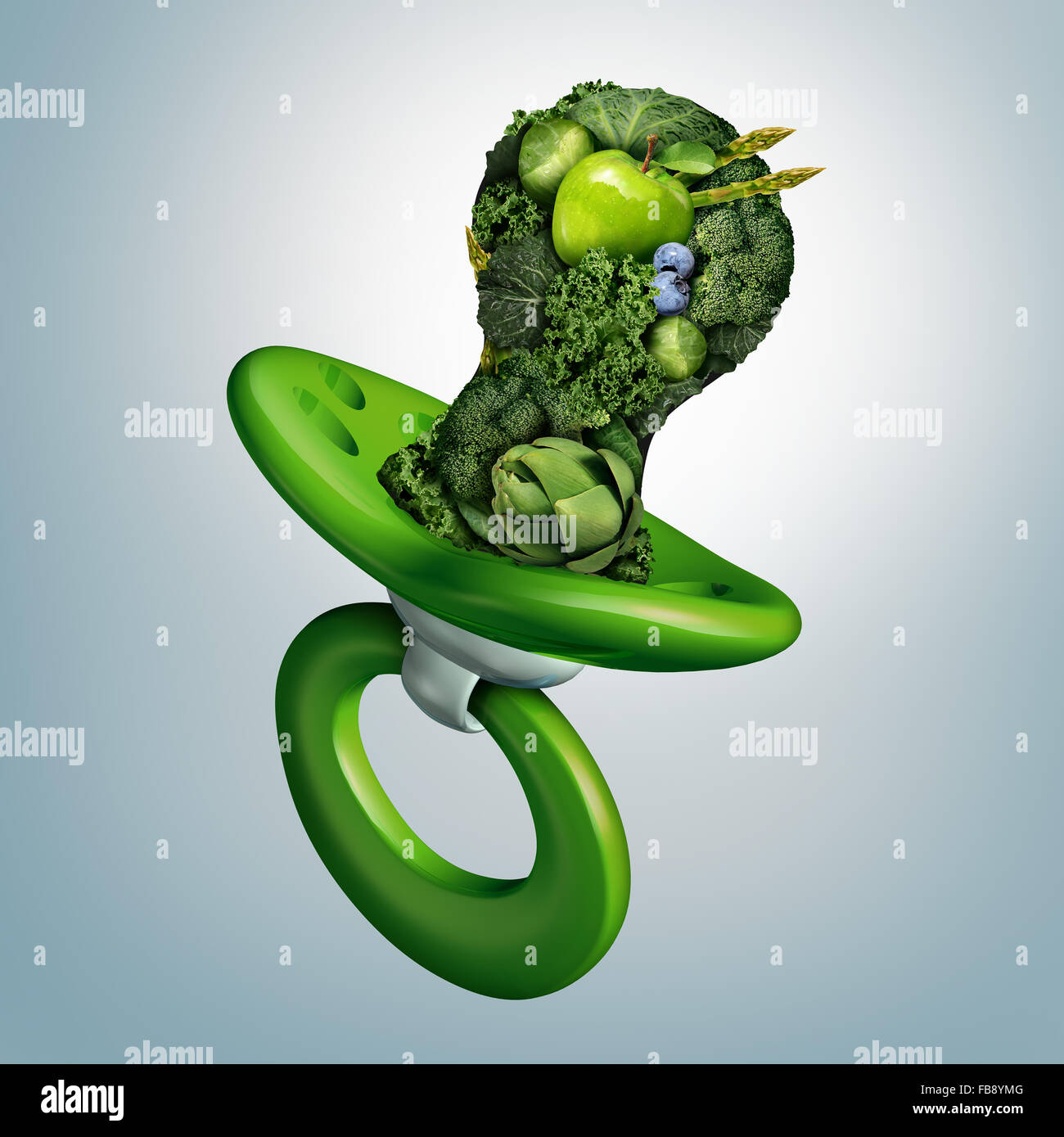 La grossesse ou bébé alimentation Fruits et légumes d'un symbole ou d'une alimentation saine des aliments verts comme un symbole de la nutrition de la maternité avec un bébé suce comme un groupe de produits. Banque D'Images