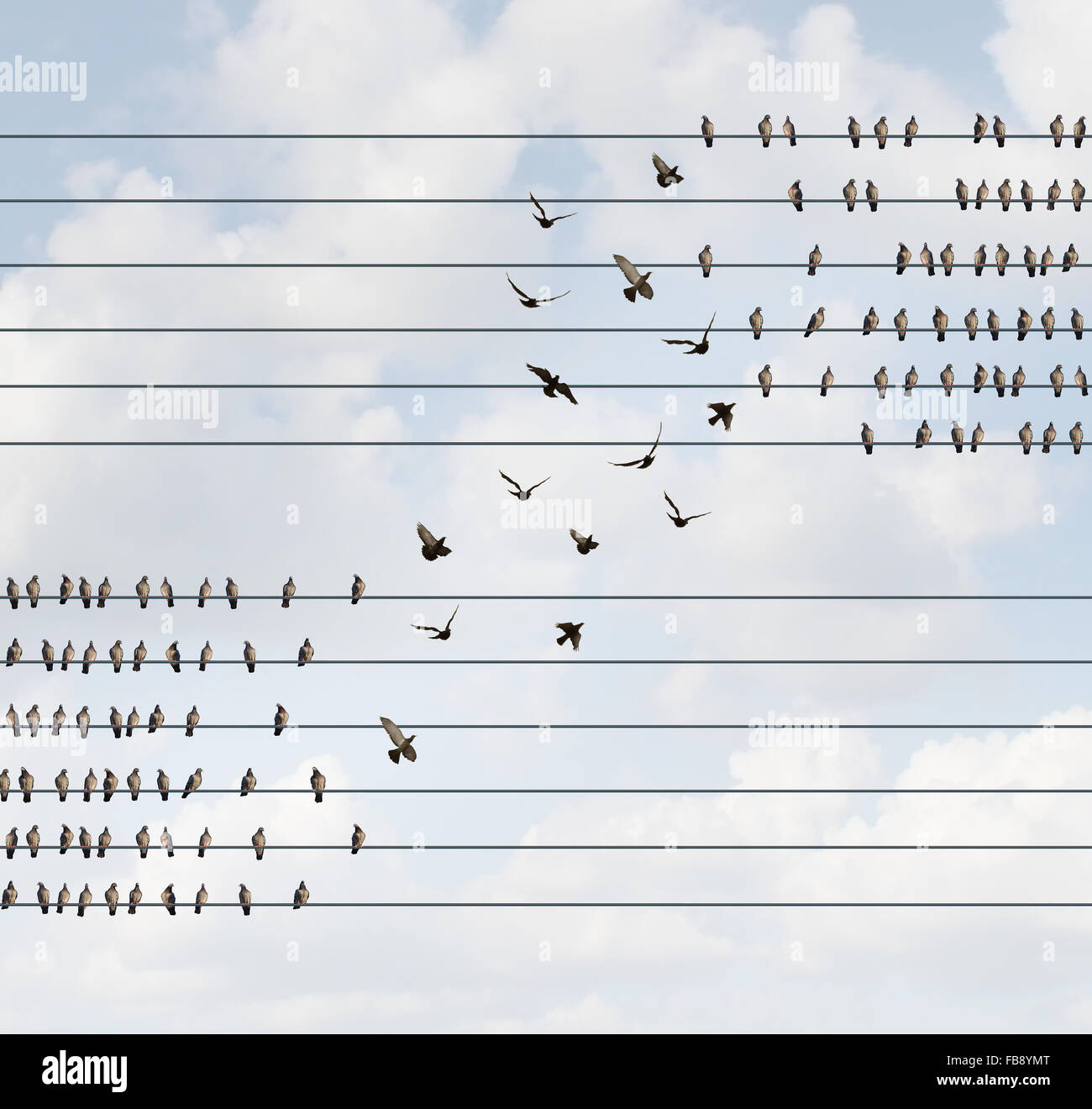 Concept de changement et de l'évolution et l'allégeance de l'équipe en tant que symbole d'un groupe d'oiseaux sur un fil de faire un passage à un niveau supérieur comme une métaphore d'affaires pour la restructuration ou réorganisation d'une société ou de changement de politique sociale de l'opinion. Banque D'Images