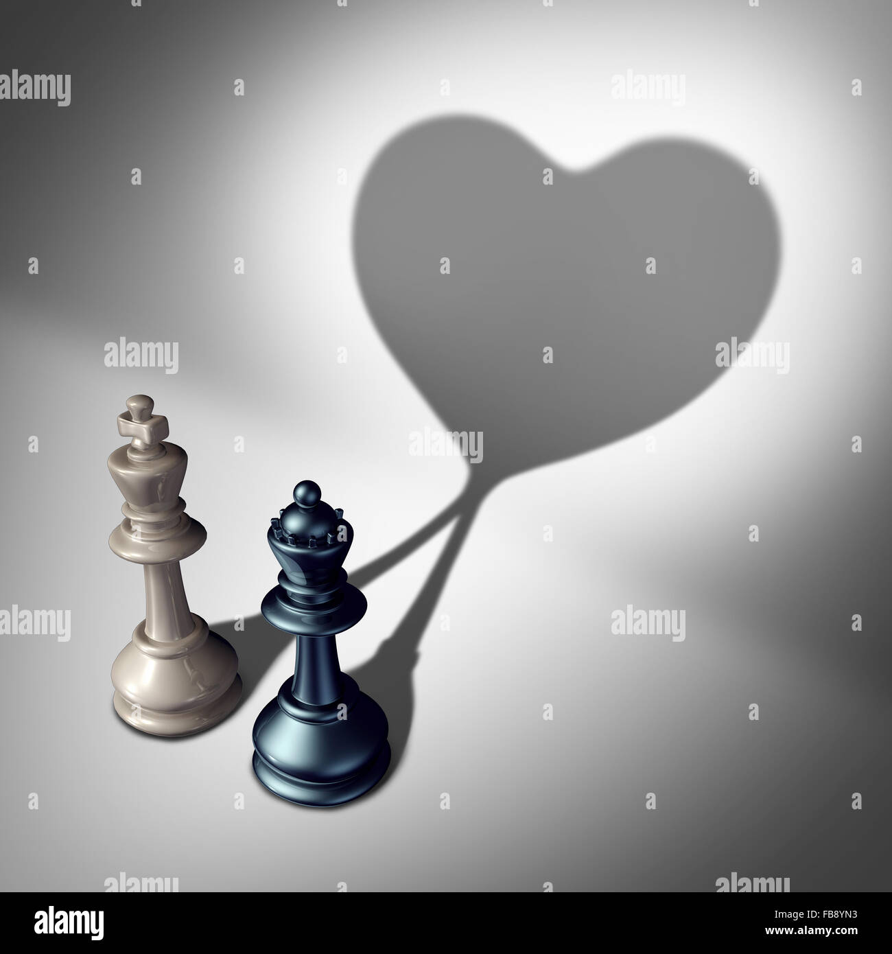Couple dans l'amour comme un concept de la Saint-Valentin comme un roi blanc et noir pièce d'échecs reine jette une ombre des cast se rassembler dans un rapport romantique comme symbole de plaisir romantique et l'attraction. Banque D'Images