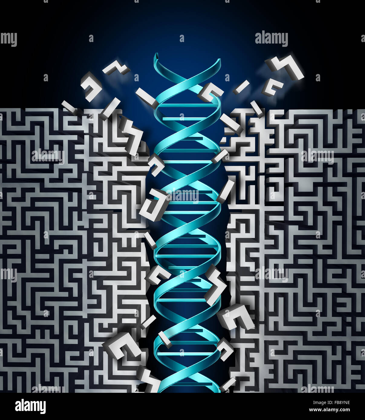 Le succès de la recherche en génétique médicale, une percée scientifique symbole avec un brin d'ADN à travers un labyrinthe de rupture comme la science de la génétique pour trouver un remède aux maladies et troubles génétiques. Banque D'Images