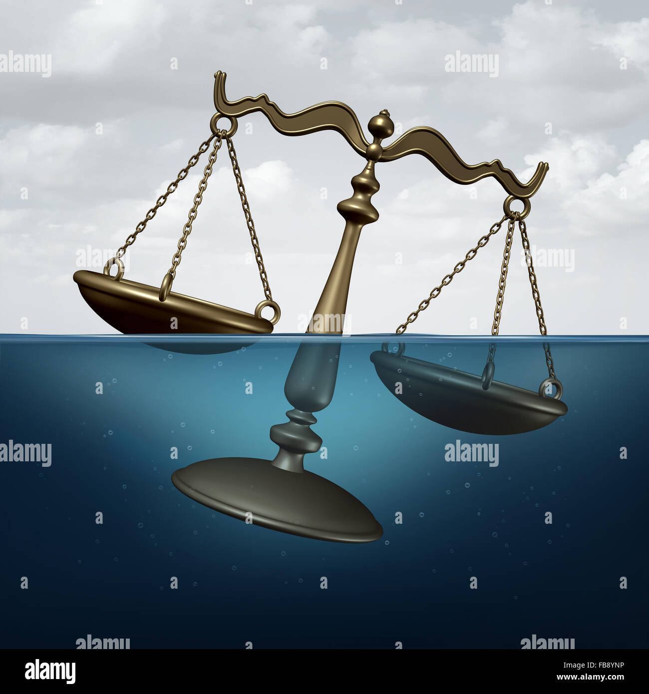 Le concept juridique de la justice ou le symbole des problèmes comme une échelle de la justice se noyer dans l'eau comme métaphore de la loi ou le règlement des problèmes. Banque D'Images
