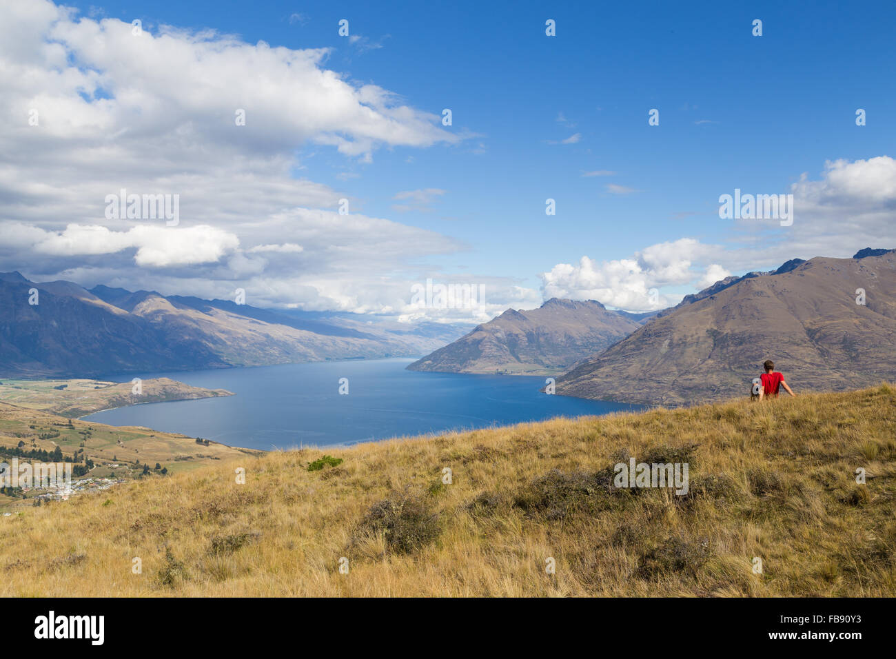 Photo d'un homme jouissant de la vue depuis la colline de Queenstown, Nouvelle-Zélande. Banque D'Images