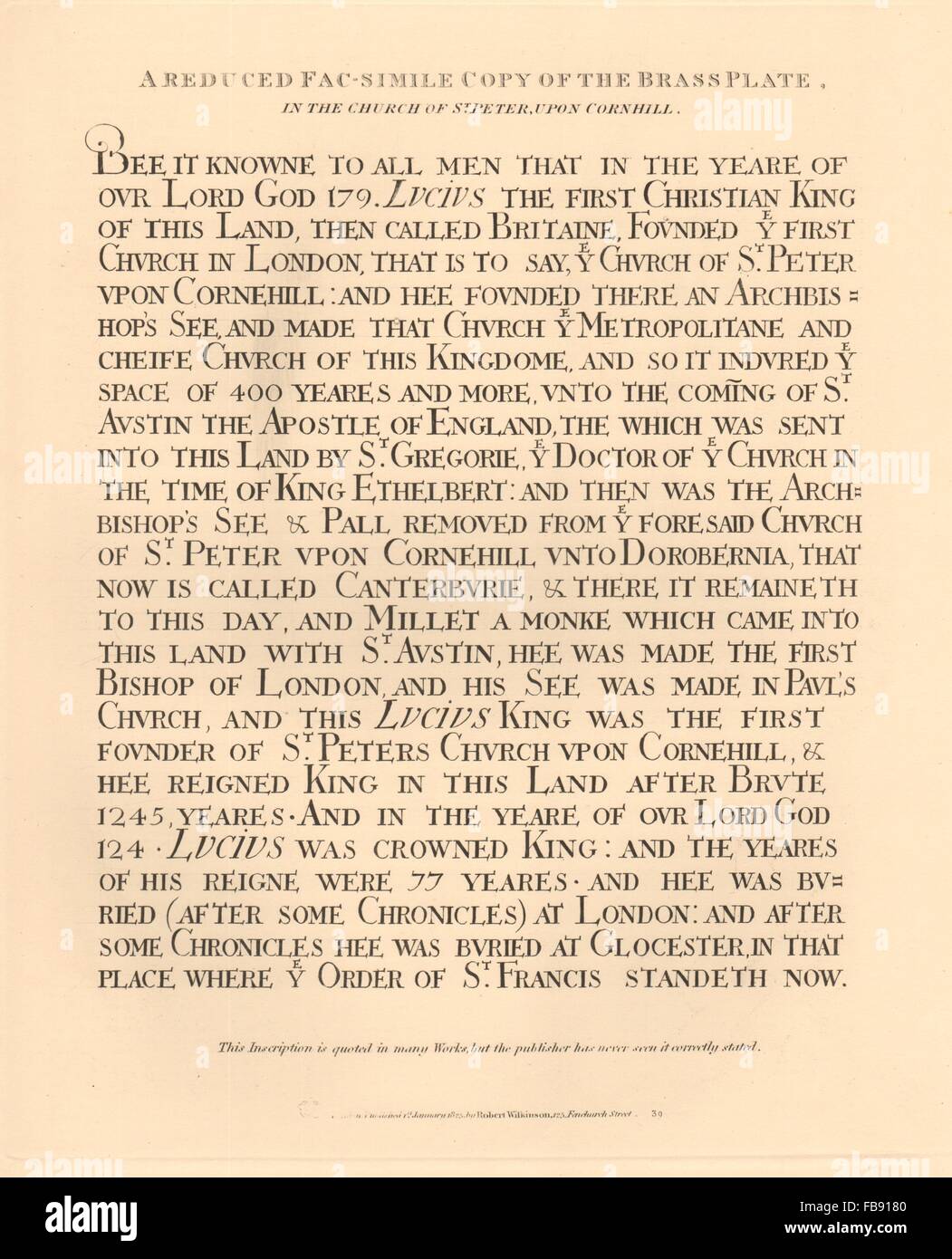 ST PETER SUR CORNHILL. Copie de la plaque en laiton dans l'église. Londres, 1834 Banque D'Images