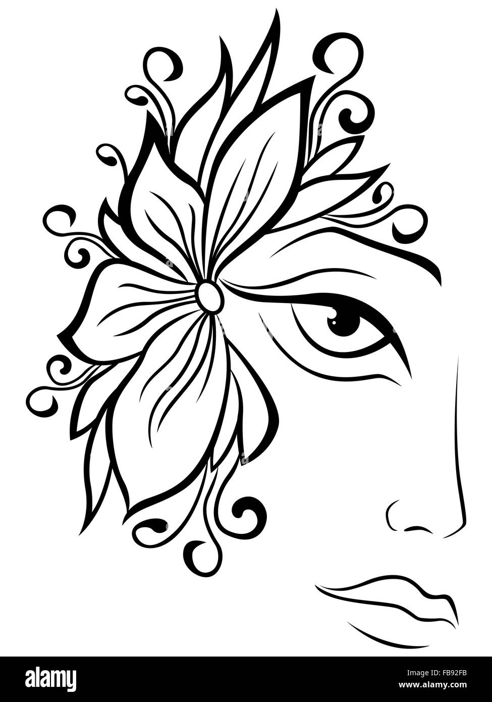 Partie de résumé les femmes font face en noir et blanc avec accessoires, dessin à la main d'art contour vectoriel Illustration de Vecteur