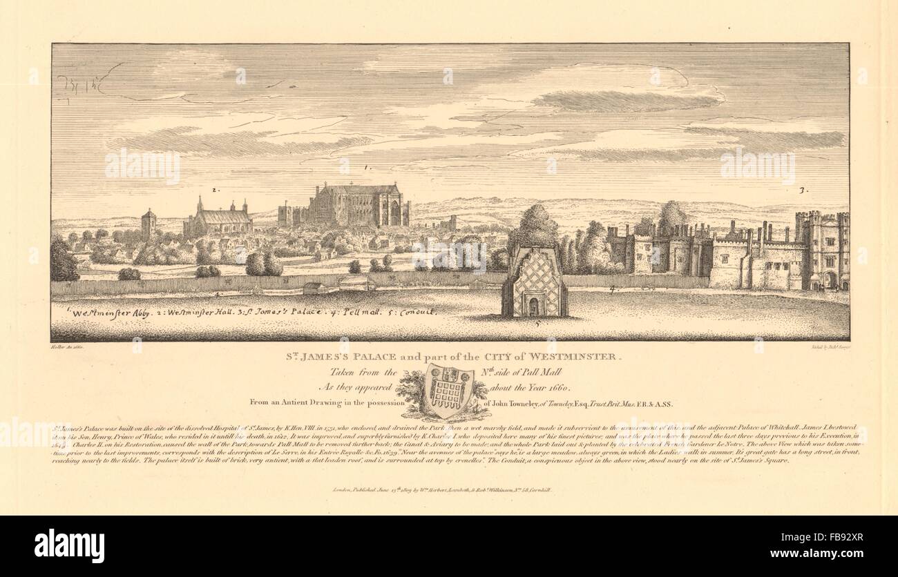 WESTMINSTER & ST JAMES'S PALACE en 1660 de Pall Mall. Abbaye de Hall. HOLLAR, 1834 Banque D'Images