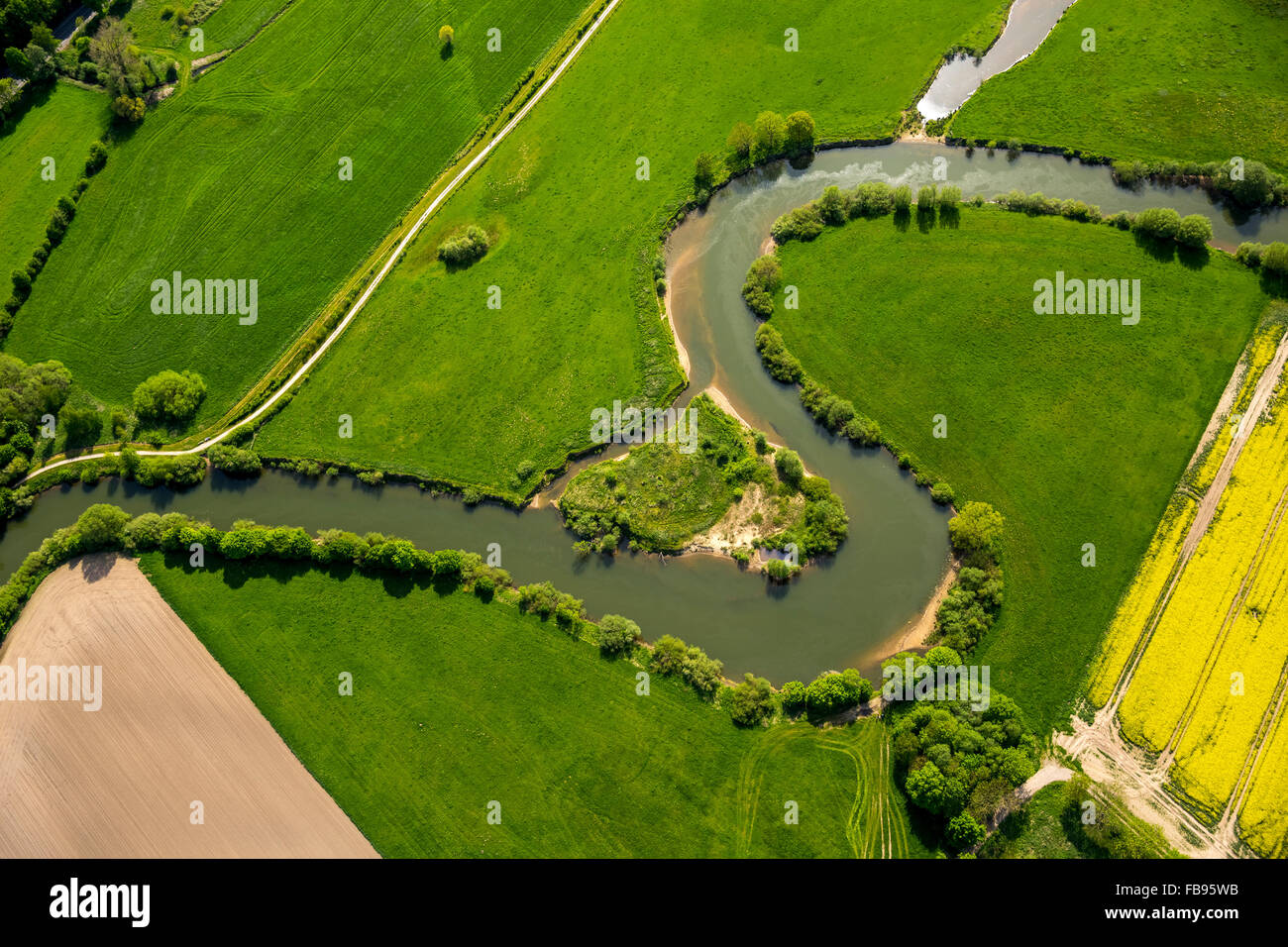 Vue aérienne, dans la rivière Lippe multiples arcs, la Lippe restauration d'Lippeauen dans la région Hamm, Euskirchen, méandre, LIFE  + projet, Banque D'Images