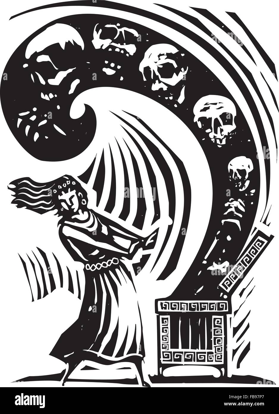 Gravure sur bois de style libre expressionniste le mythe grec d'ouvrir la boîte de Pandore des maux du monde Illustration de Vecteur