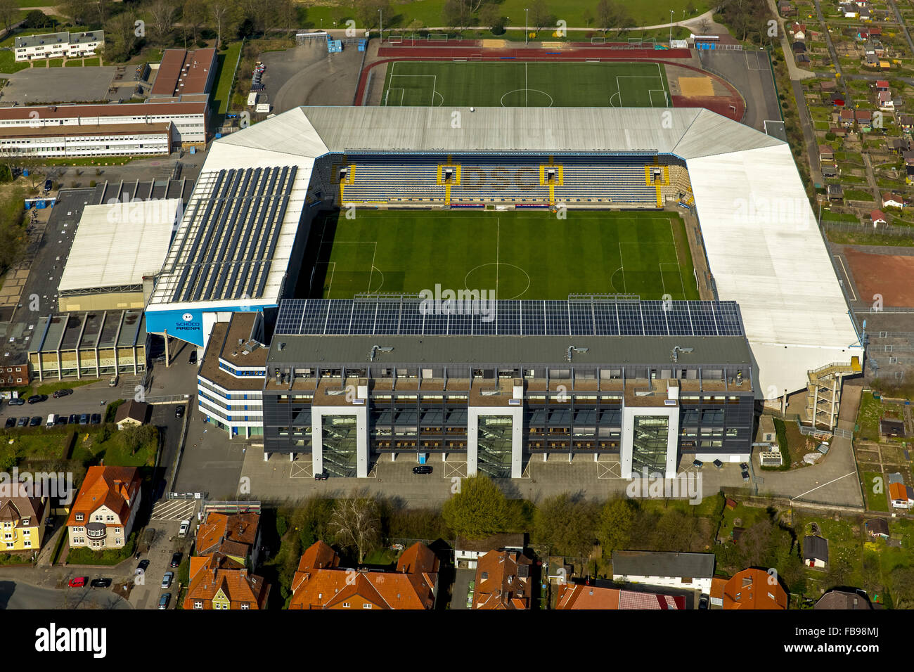 Vue aérienne, le stade du club de troisième ligue nationale Arminia Bielefeld, Allemand sports club Arminia Bielefeld e. C.,SchücoArena Banque D'Images