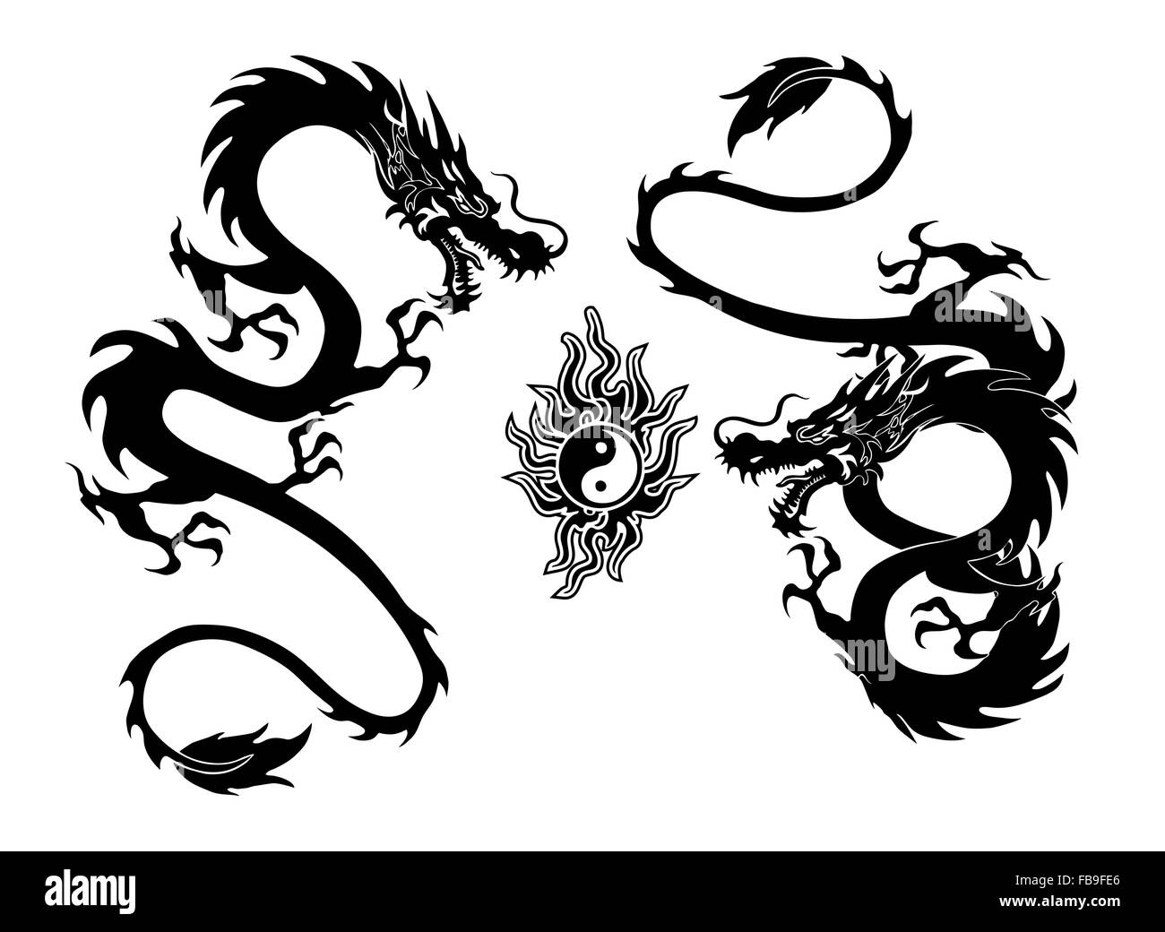 Illustration d'un dragon et deux tatouage symbole yinyang isolé sur fond blanc Banque D'Images