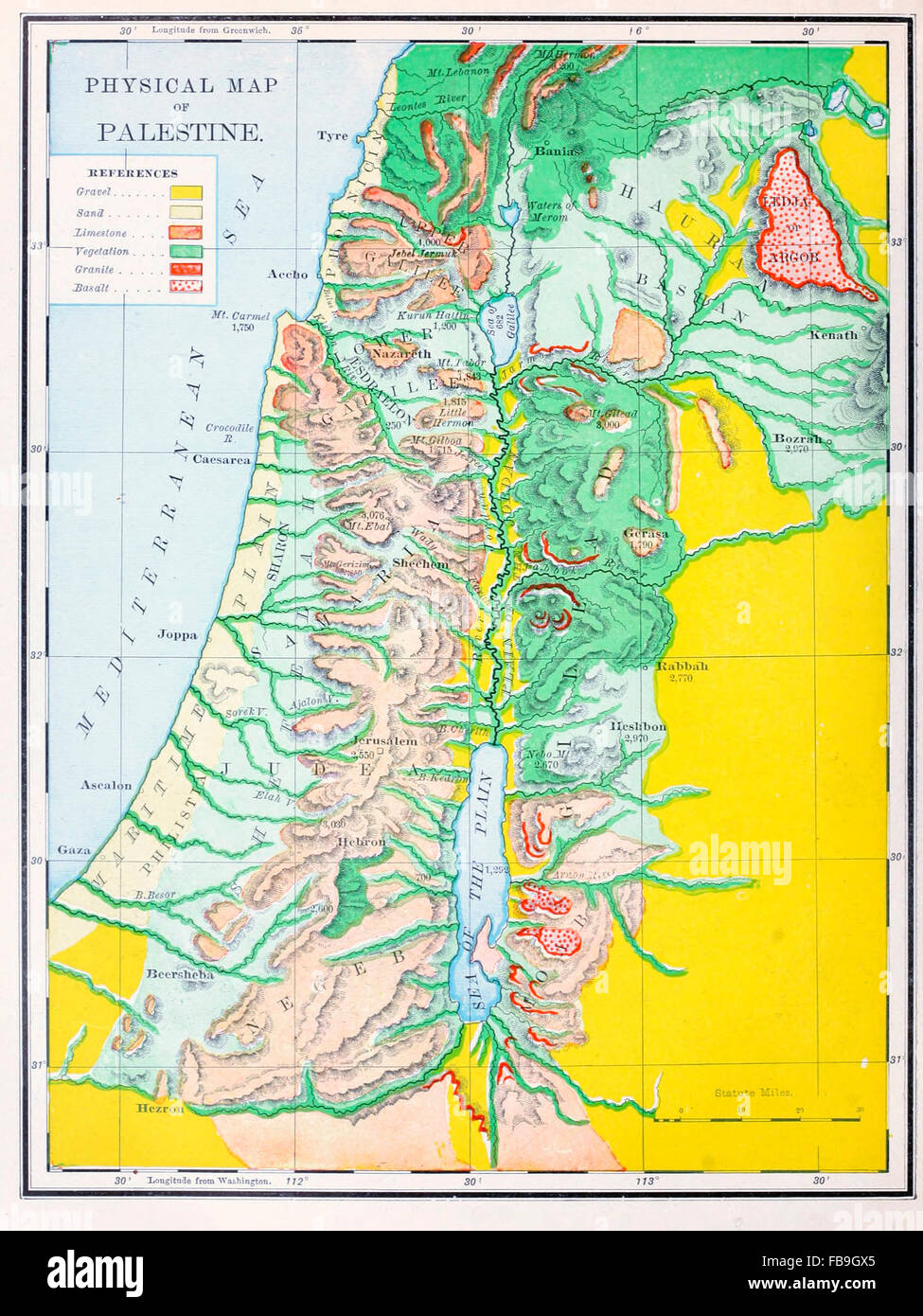 Carte Physique de la Palestine Banque D'Images