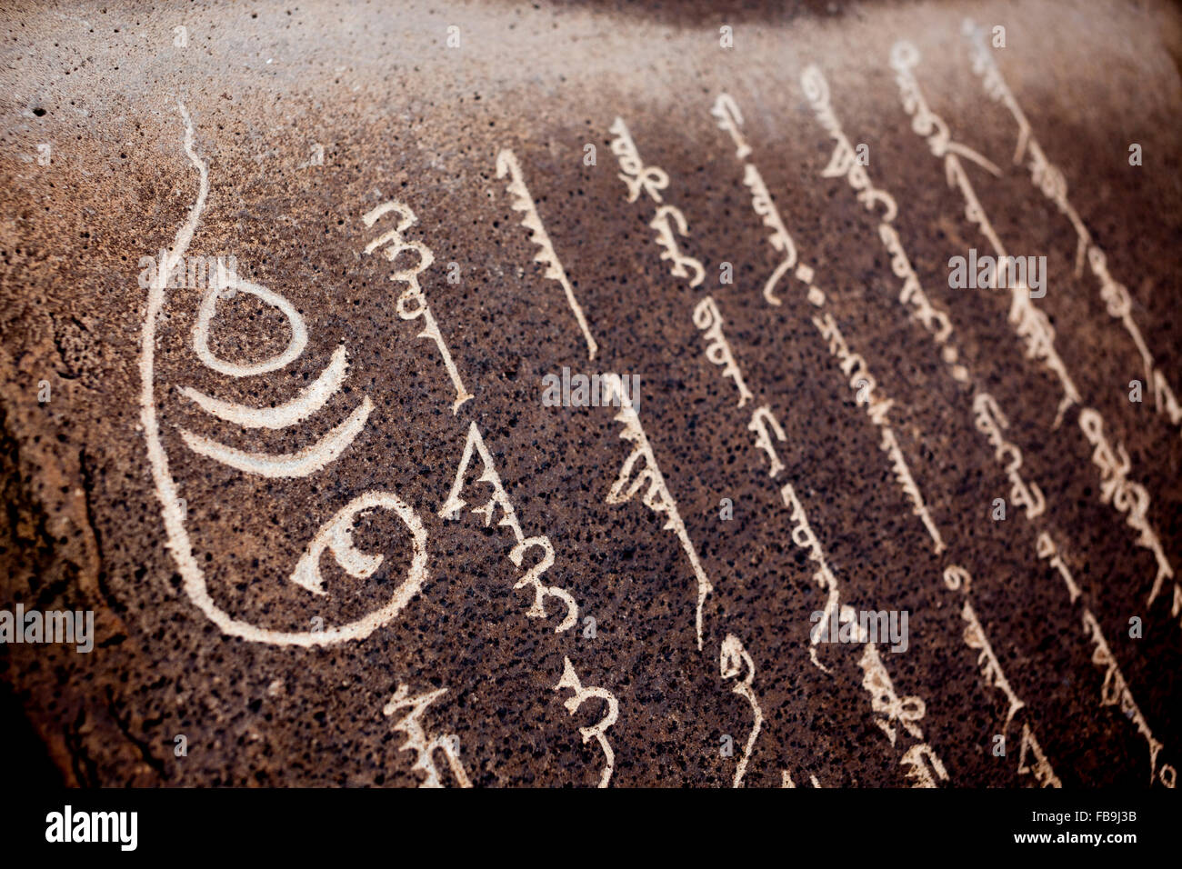 Des siècles anciens pétroglyphes bouddhiste sculpté dans le script (Mongol Mongol bichig Hudum) dans une partie reculée du désert de Gobi, en Mongolie. Banque D'Images