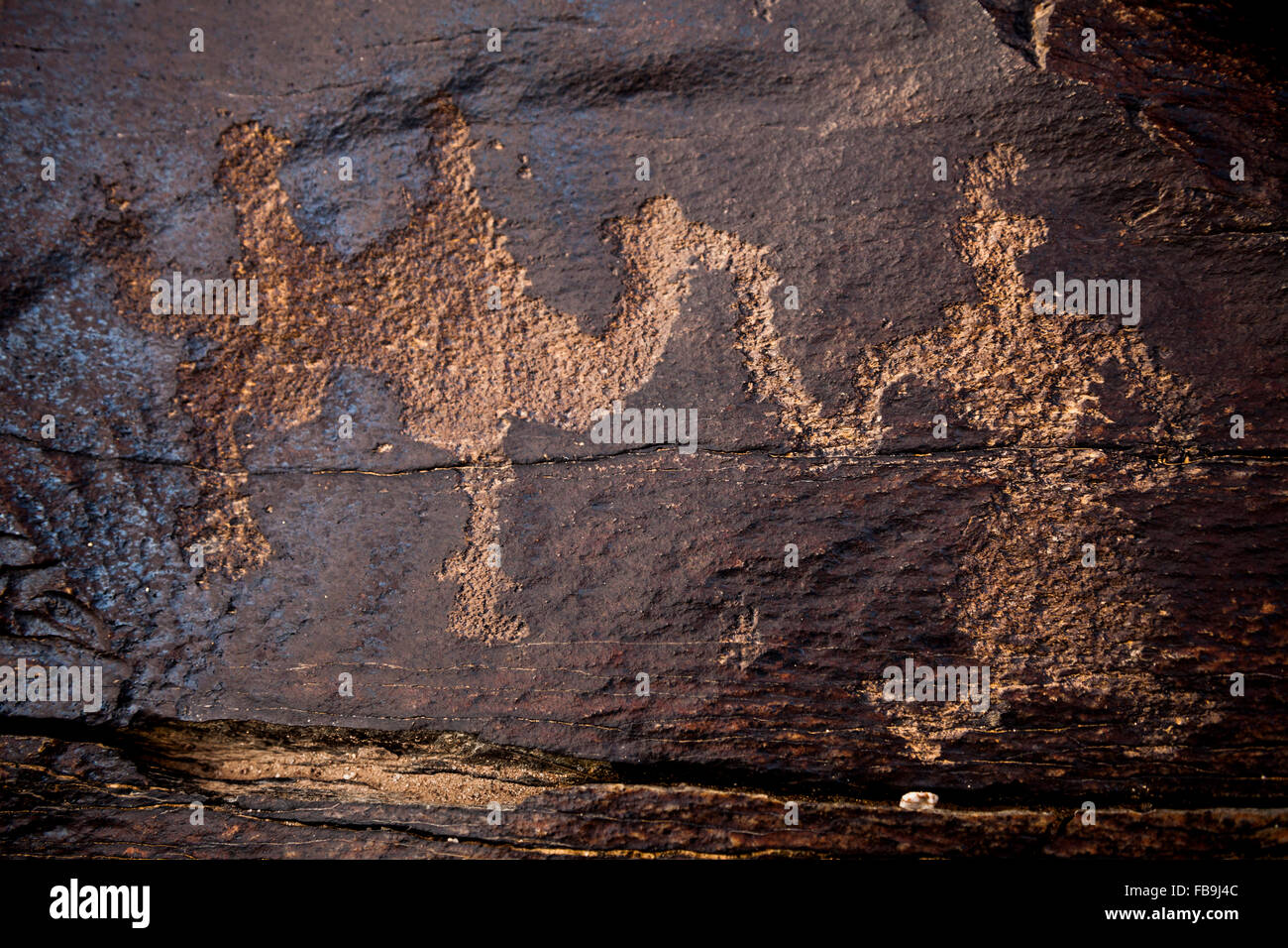 Petroglyph antique représentant un chameau de Bactriane et nomades dans le désert de Gobi, en Mongolie. Banque D'Images