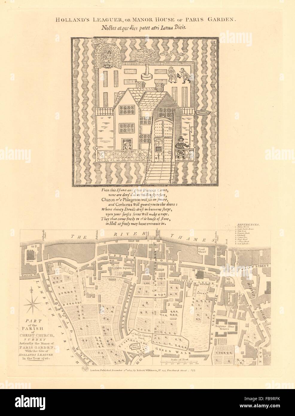 Eglise paroissiale de Christ, Southwark en 1746. Rive Sud/Bankside. Londres, 1834 map Banque D'Images