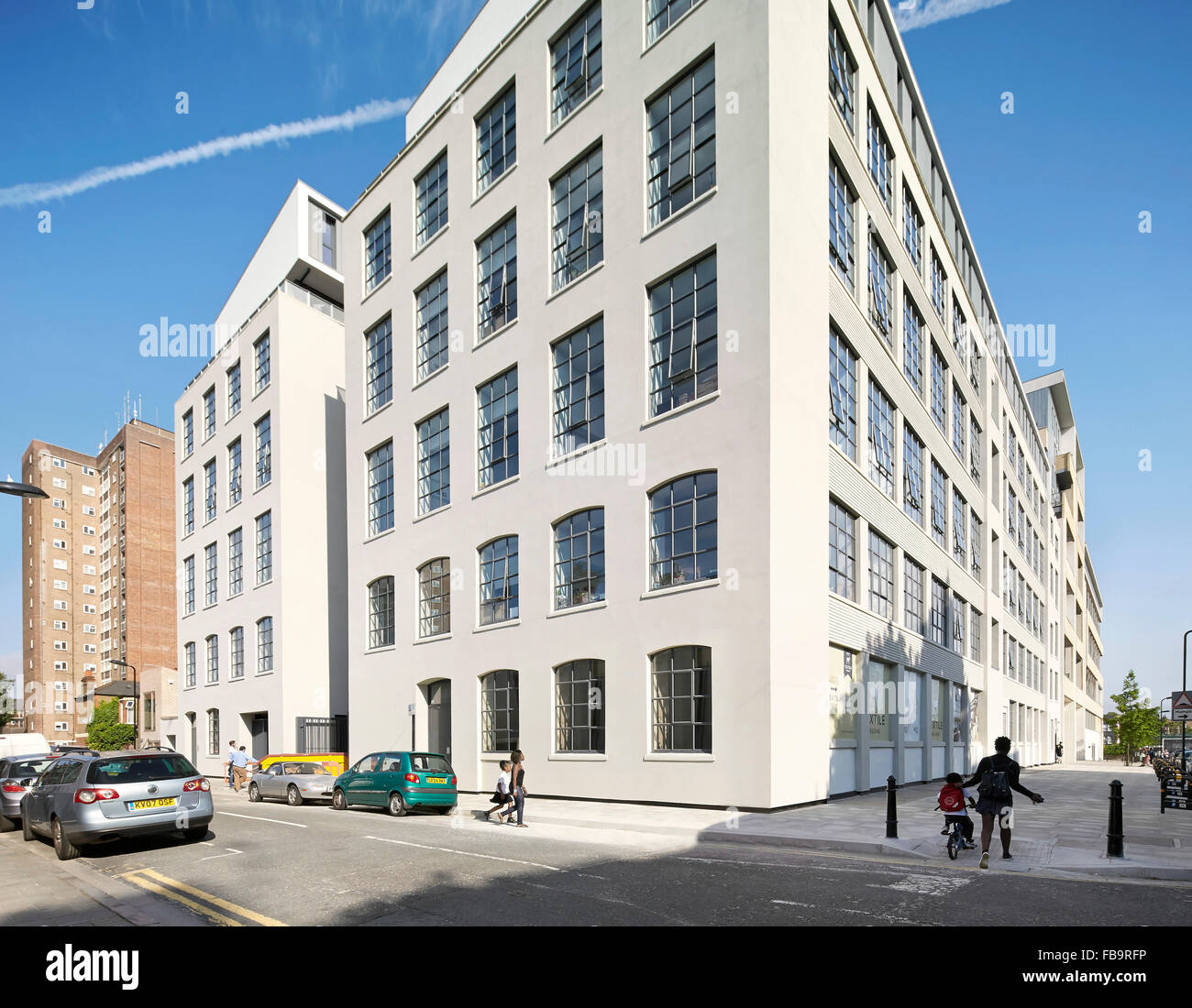 L'altitude d'angle. La construction textile, Londres, Royaume-Uni. Architecte : 301, 2014. Banque D'Images