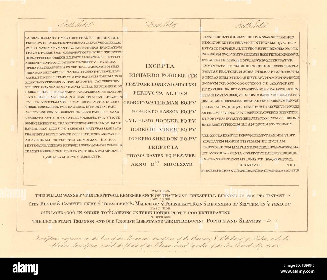 Inscriptions décrivant le monument Popish grand feu,effacé 1831. Londres, 1834 Banque D'Images
