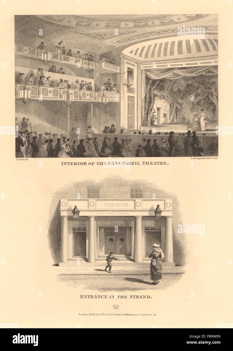 Théâtre SANS PAREIL (maintenant l'Adelphi). Entrée privée, intérieur & Strand 1834 imprimer Banque D'Images