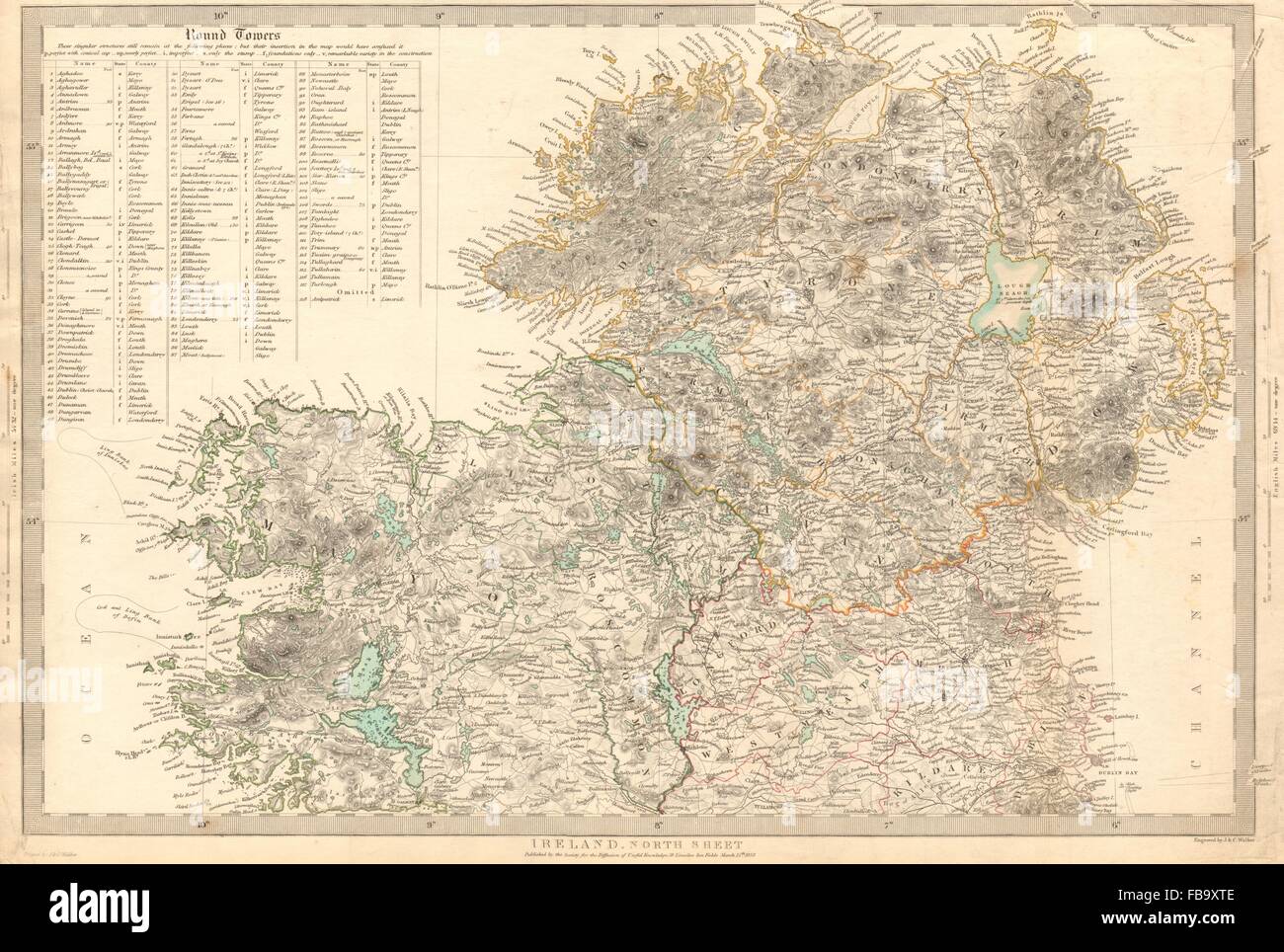 L'Irlande du Nord.Sheet.Liste des Cloigtheach Cloigthithe tours rondes.SDUK, 1844 map Banque D'Images